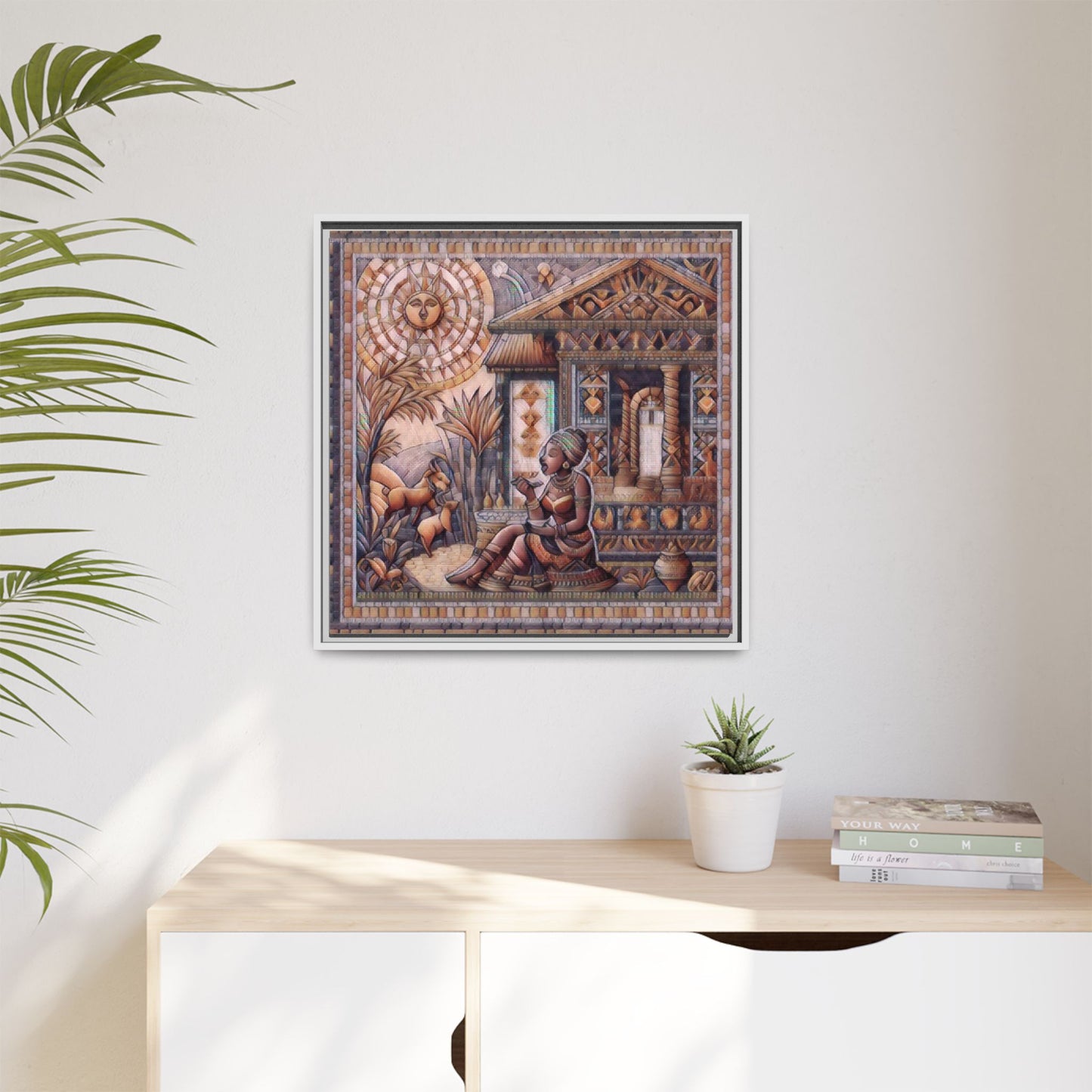 Egyptian Goddess Mosaic Framed Canvas Art — Colorful Ancient Ritual Wall Decor