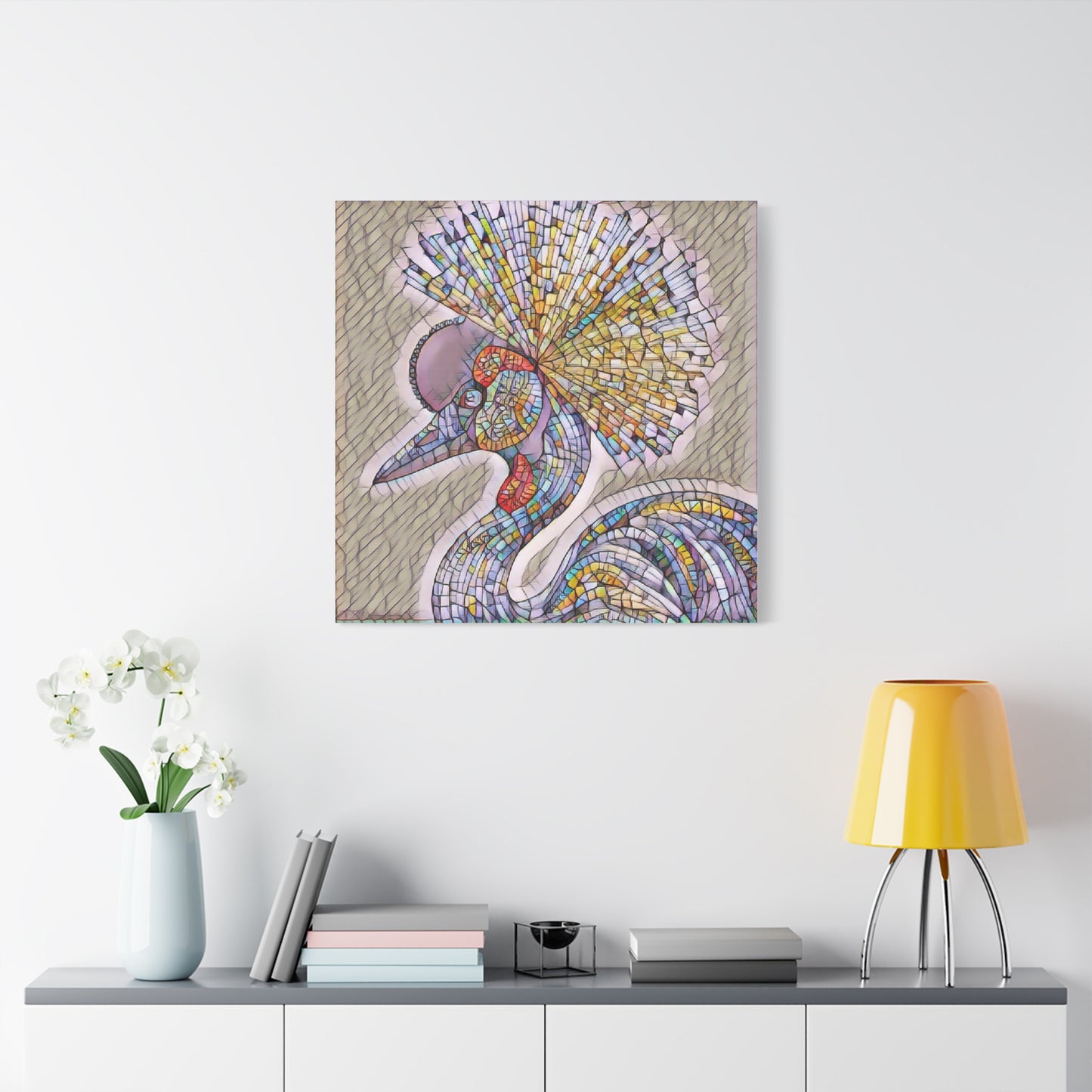 Colorful Mosaic Crowned Crane Canvas Wall Art — Stretched Matte Print