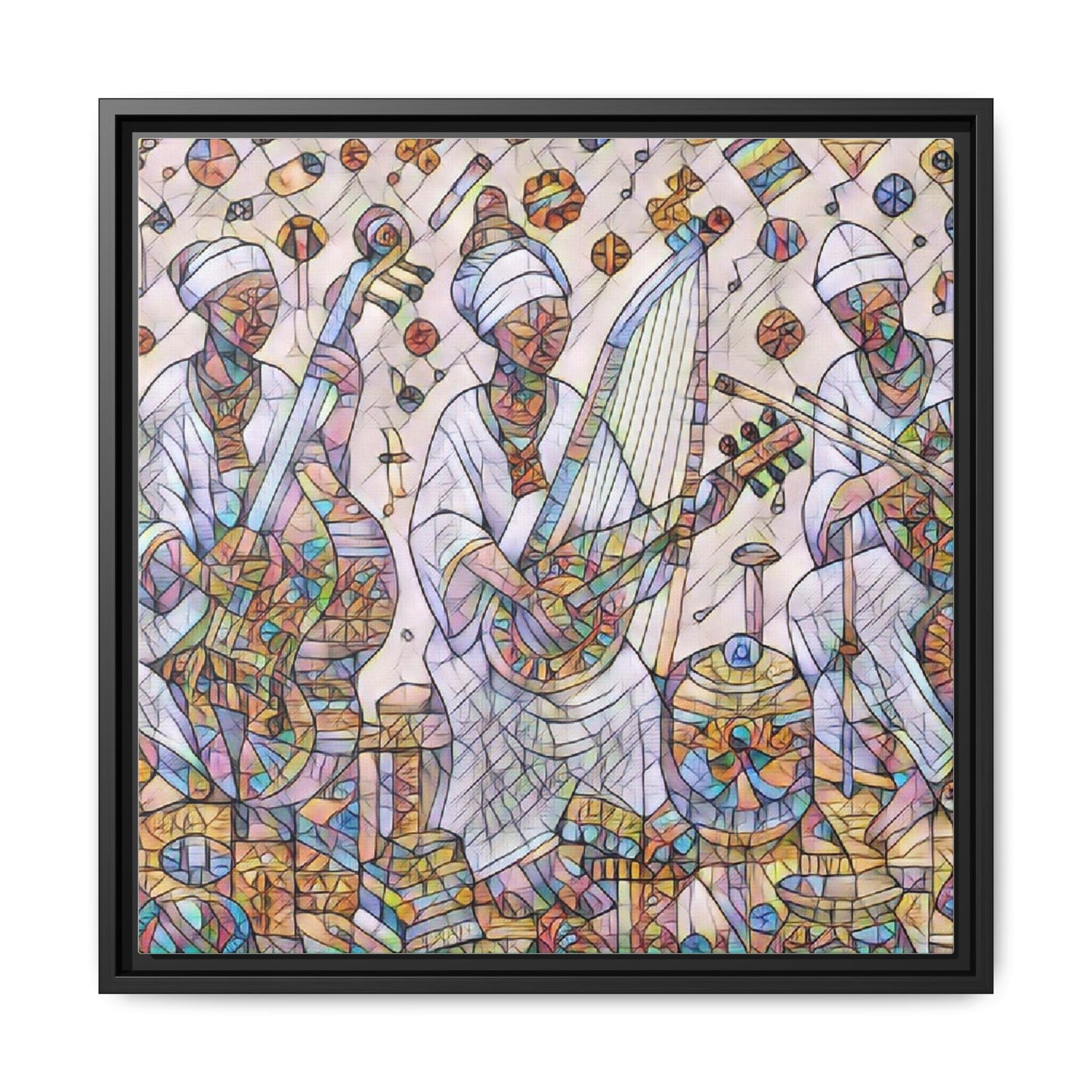 Framed Matte Canvas Print — Colorful African Musicians Stained-Glass Art