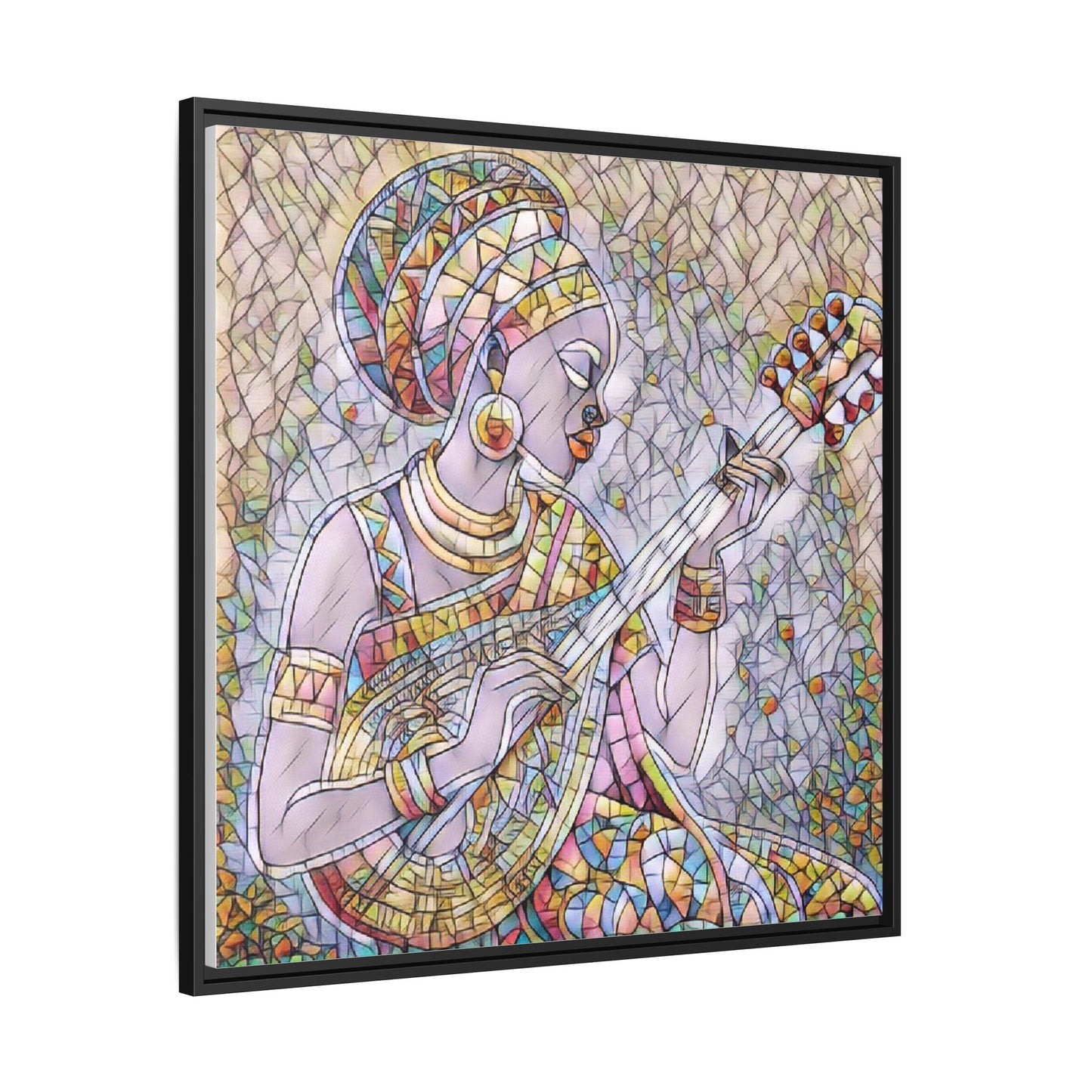 Framed Canvas Art — Colorful African Woman Playing Lute (Matte Multi‑Color)