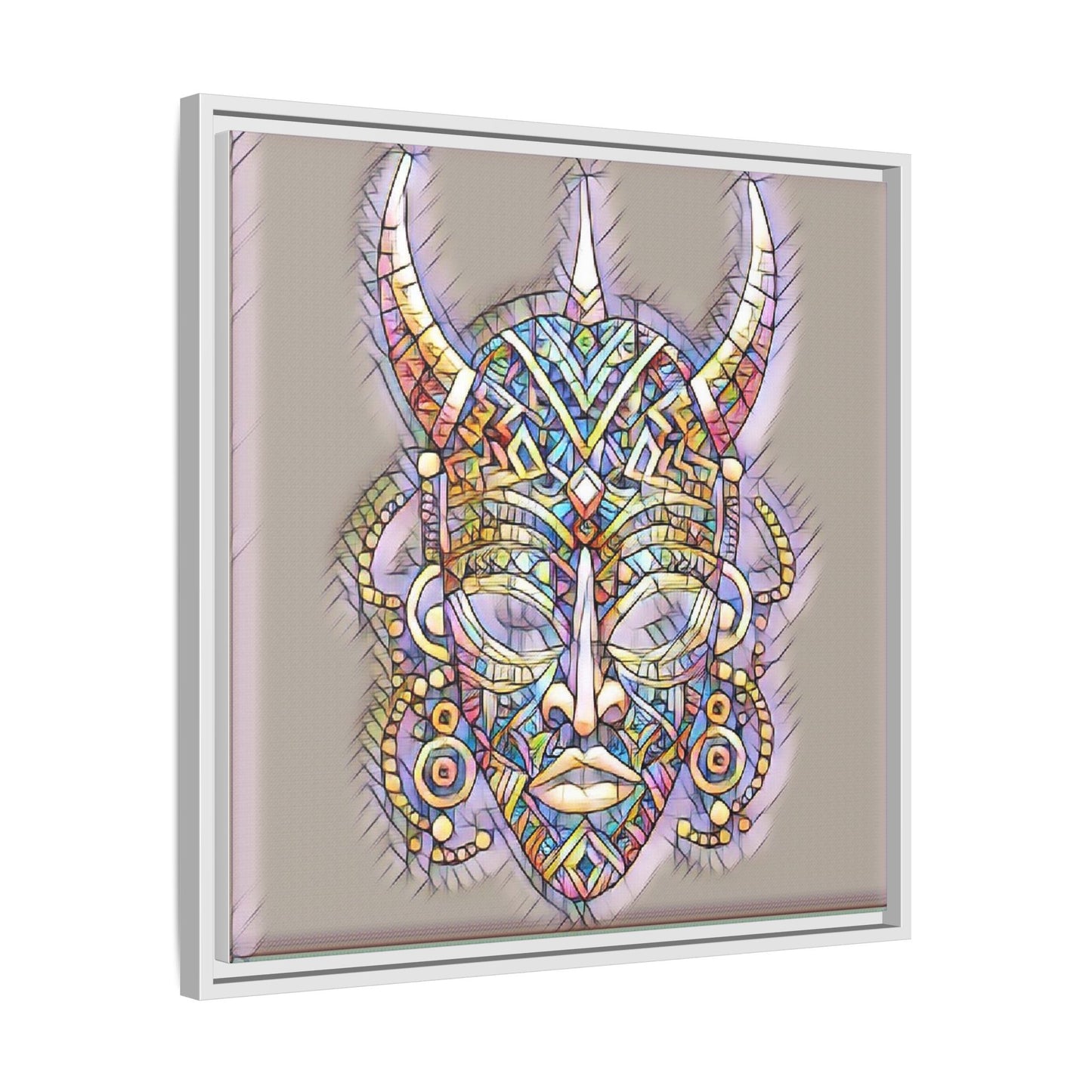 Colorful Tribal Mask Framed Canvas Art — Abstract Ethnic Wall Decor