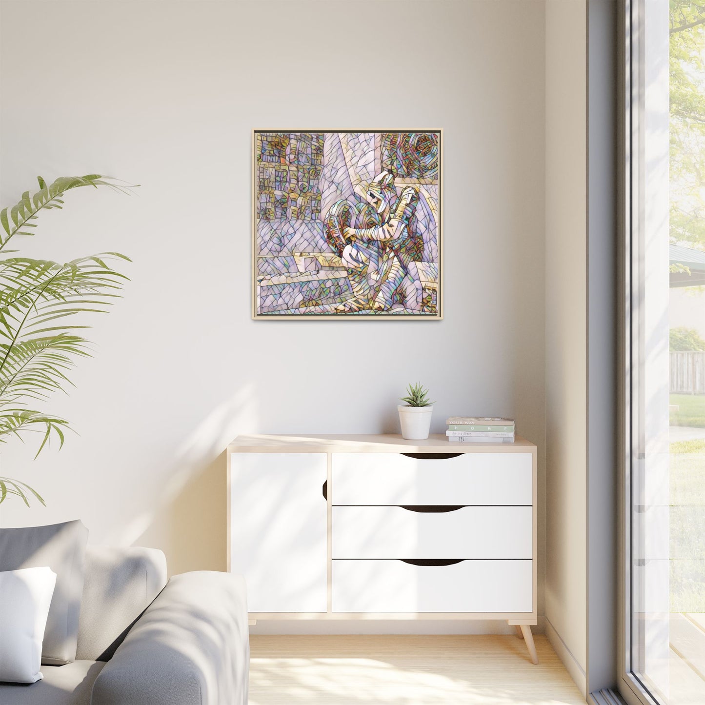 Framed Matte Canvas Art — Colorful Stained-Glass Astronaut Embrace