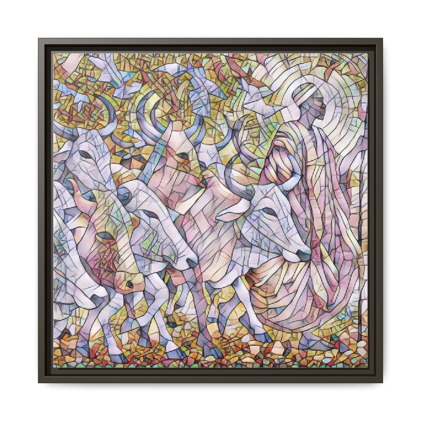 Framed Matte Canvas Art — Stained-Glass Style Cattle Herd