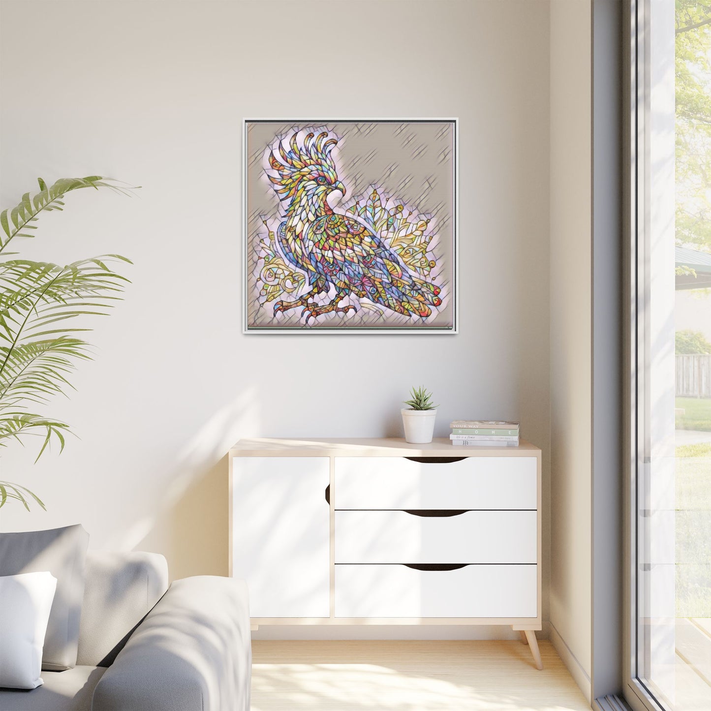 Colorful Stained-Glass Cockatoo Matte Framed Canvas