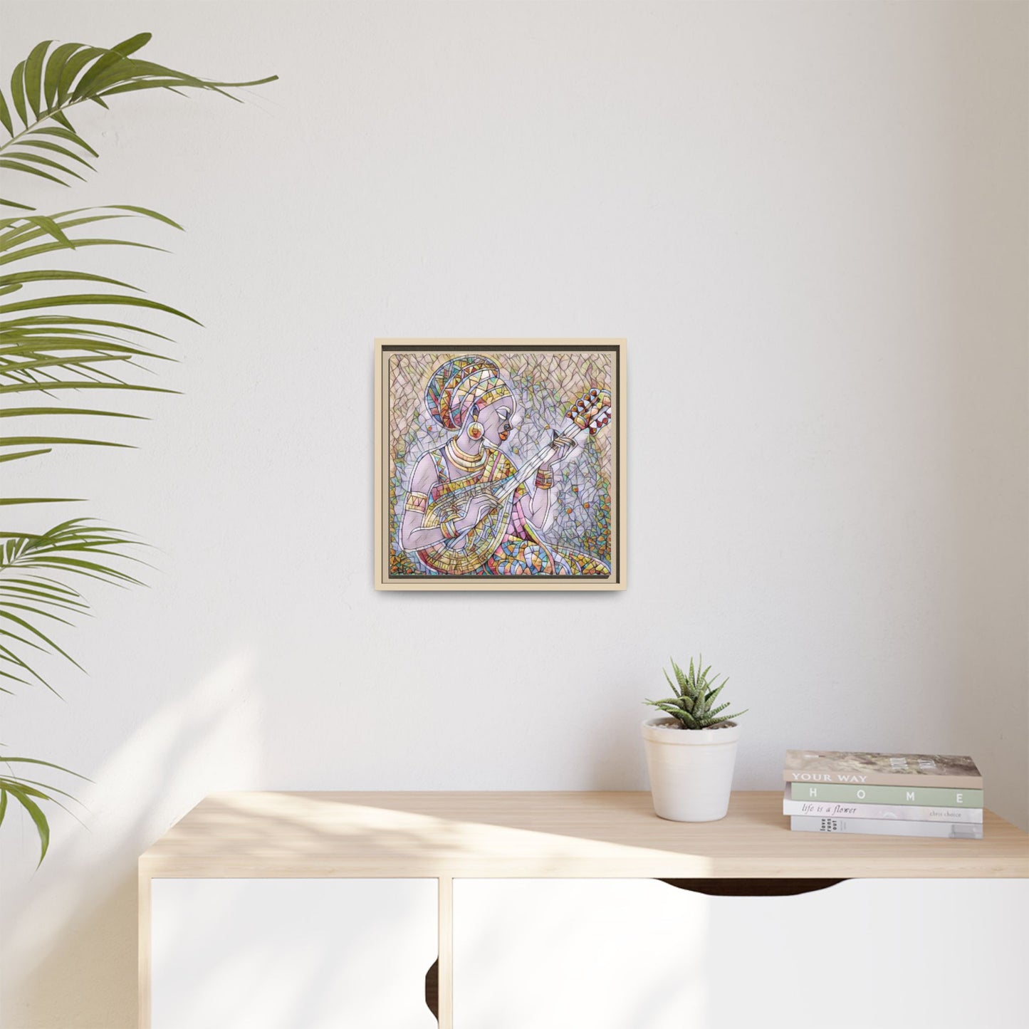 Framed Canvas Art — Colorful African Woman Playing Lute (Matte Multi‑Color)