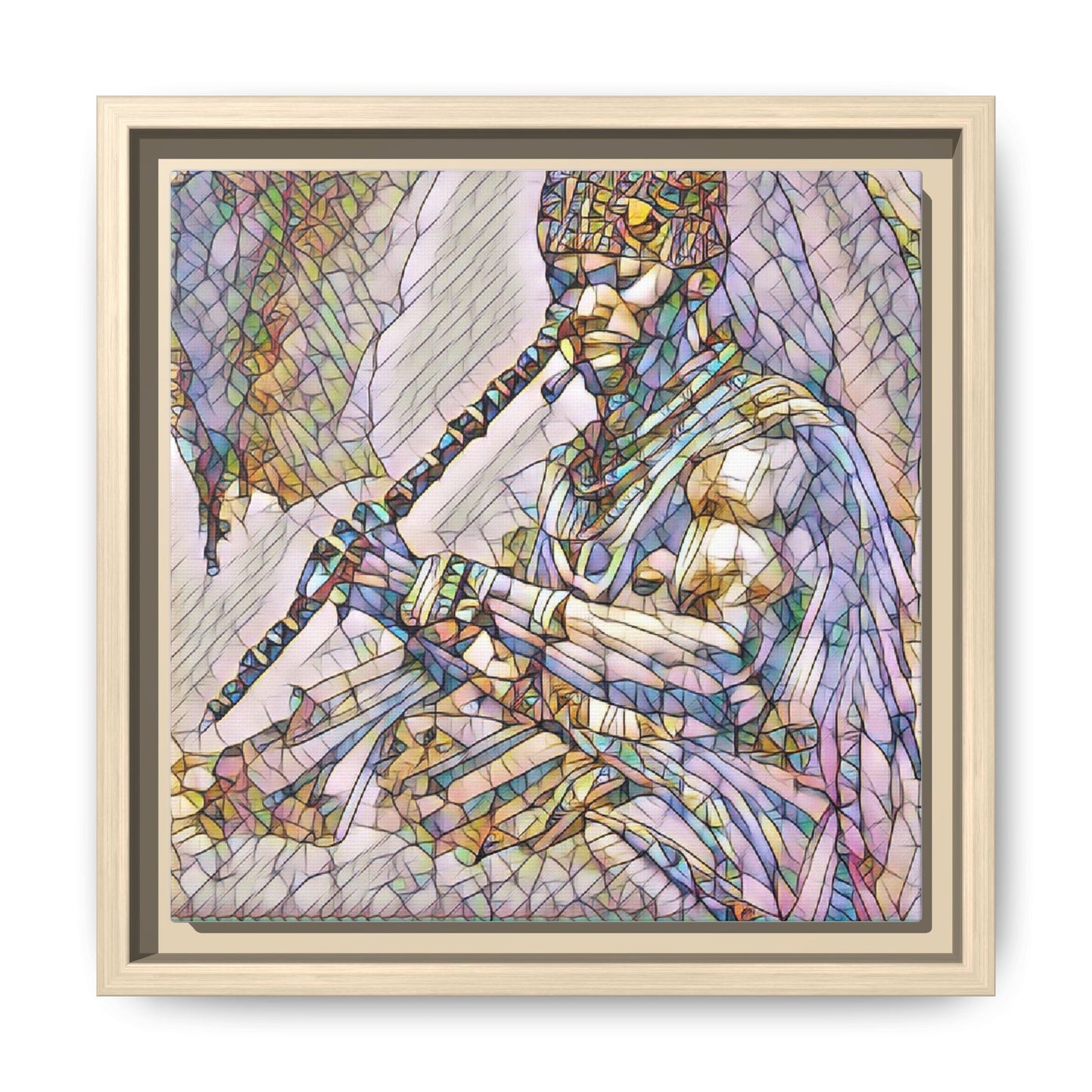 Tribal Flute Musician Stained-Glass Framed Canvas Art