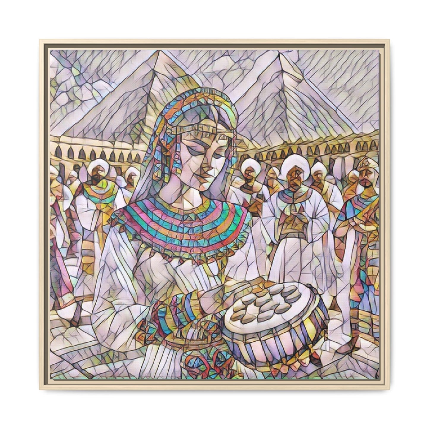 Egyptian Drum Player Framed Canvas Art — Colorful Ancient Scene Wall Decor