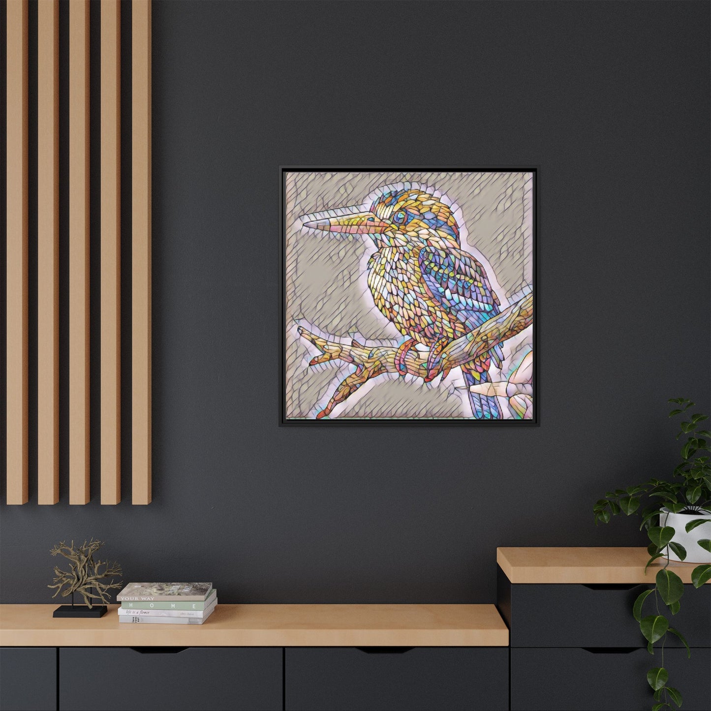 Colorful Kingfisher Framed Canvas Wall Art — Stained-Glass Style Bird Print