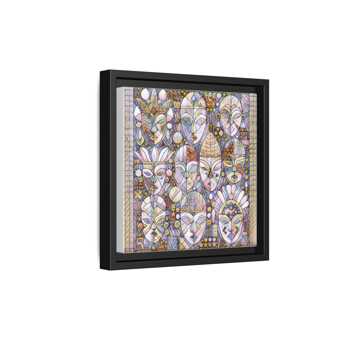 Framed Abstract Mask Art Canvas — Multicolor Stained-Glass Faces Wall Decor