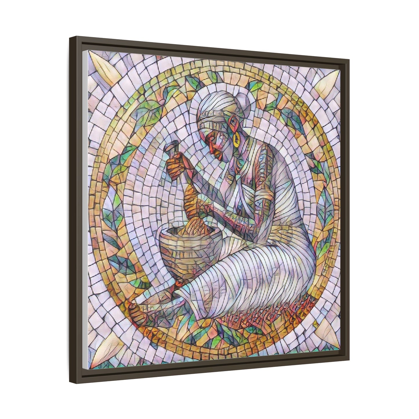 Framed Mosaic Art Print — Woman Grinding Grain (Matte Canvas)