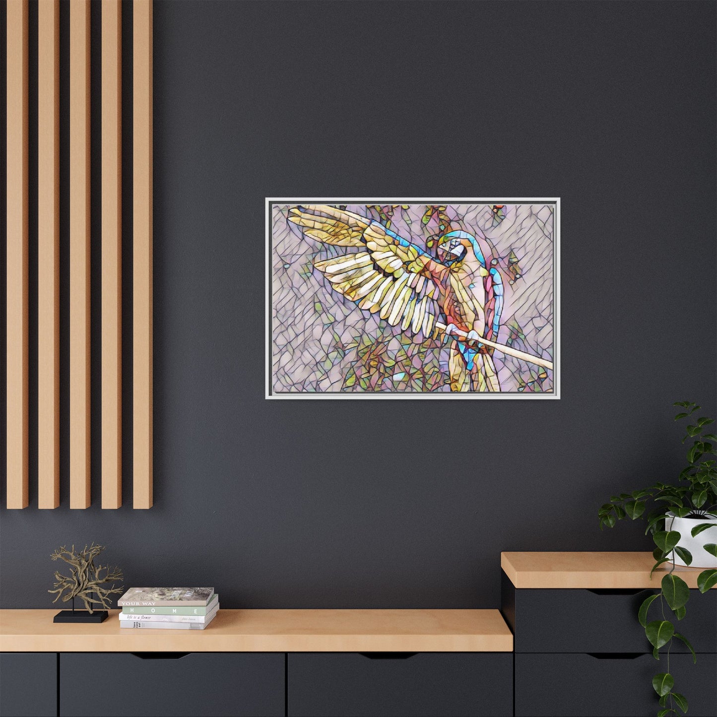 Framed Parrot Stained-Glass Art Print — Matte Canvas Wall Decor