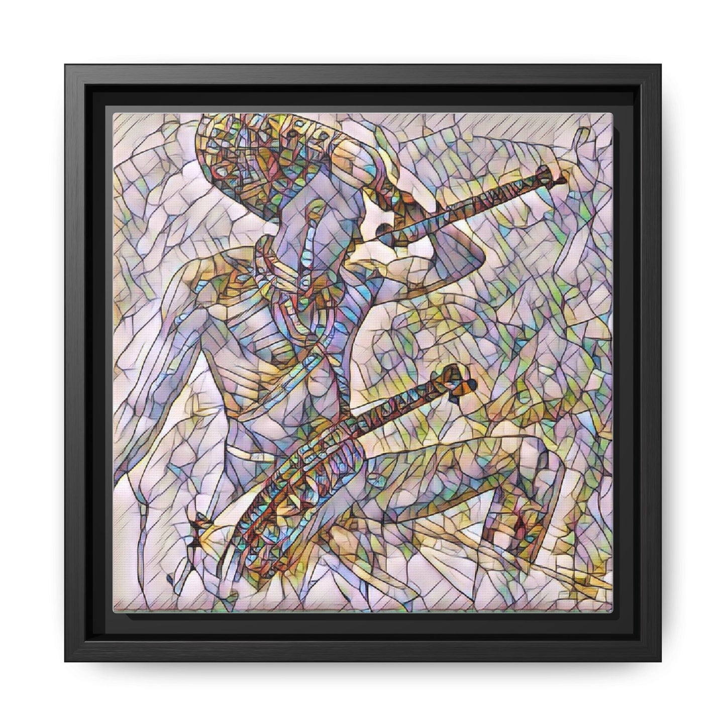 Stained Glass Blue Musician — Framed Matte Canvas Art