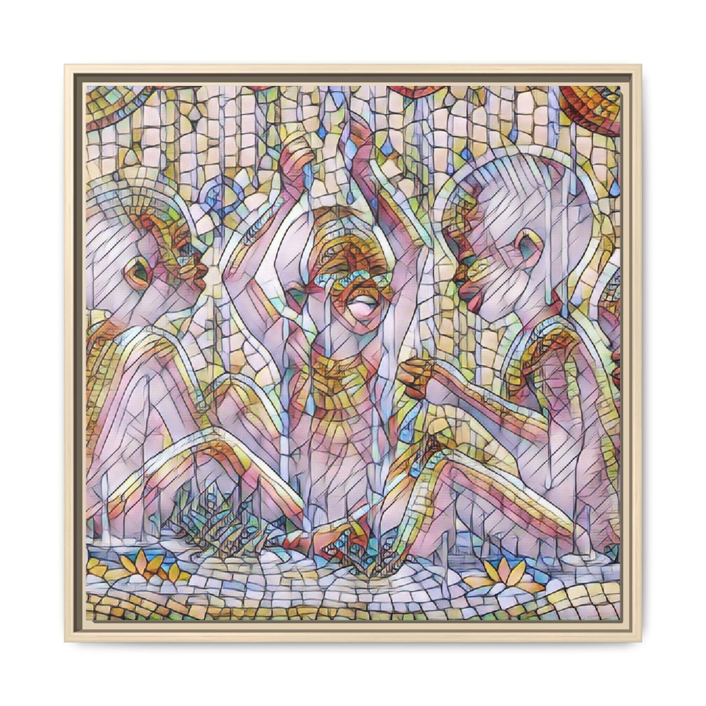 Framed Matte Canvas Art — Mosaic Children Playing (Multicolor)