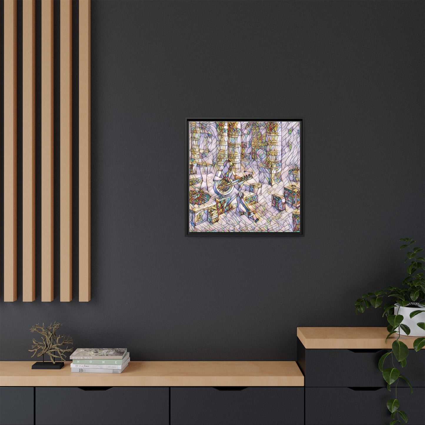 Framed Matte Canvas Art - Abstract Guitarist in Colorful Mosaic