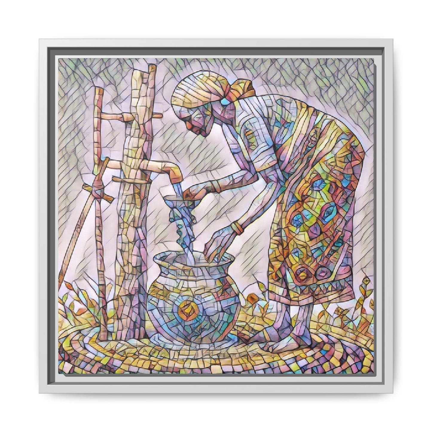Framed Matte Canvas Art — Colorful Mosaic Woman at Well