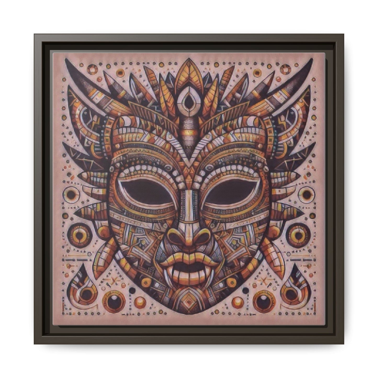 Tribal Mask Framed Canvas Art — Multicolor Matte Wall Decor