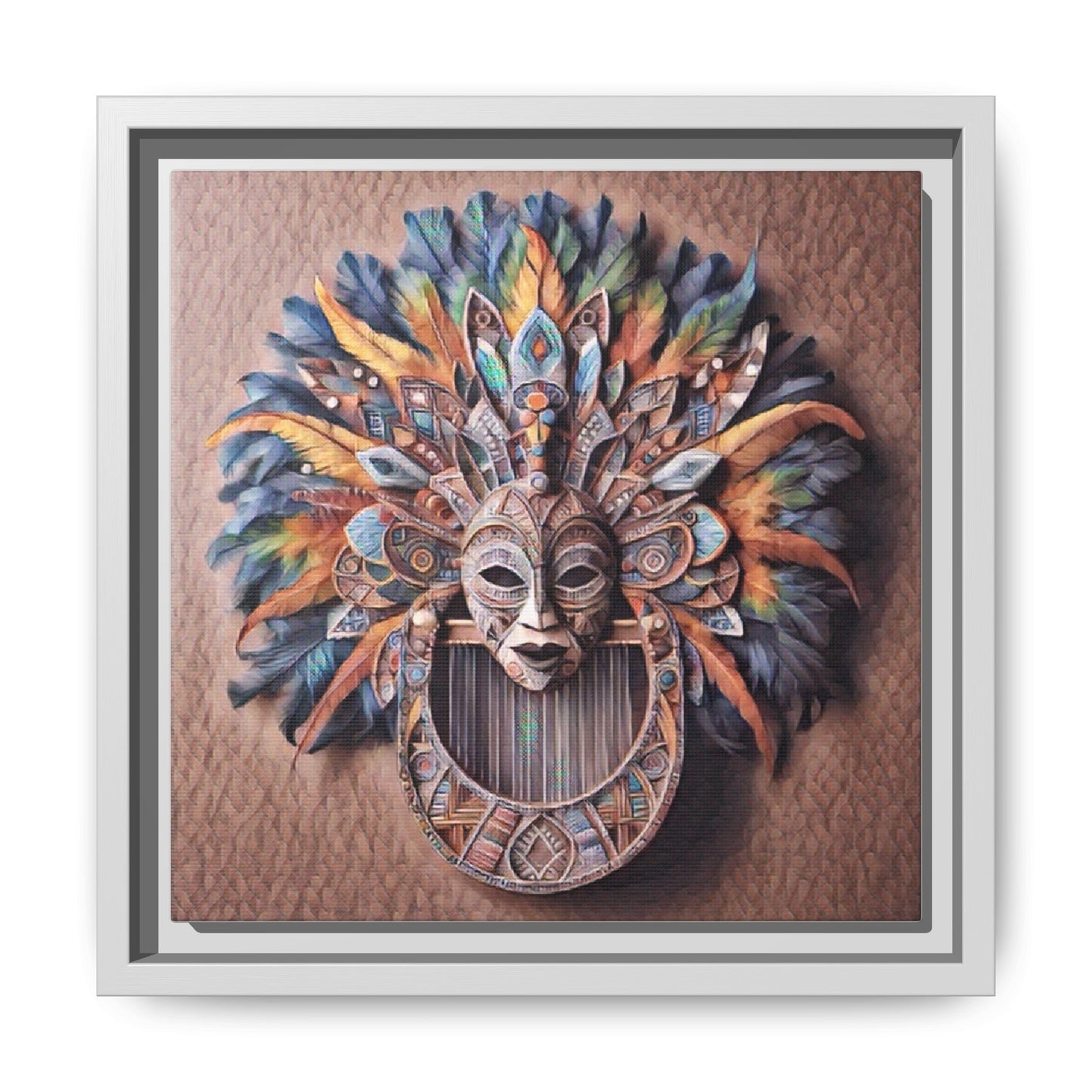 Tribal Feather Mask Framed Canvas Wall Art — Colorful Boho Decorative Print