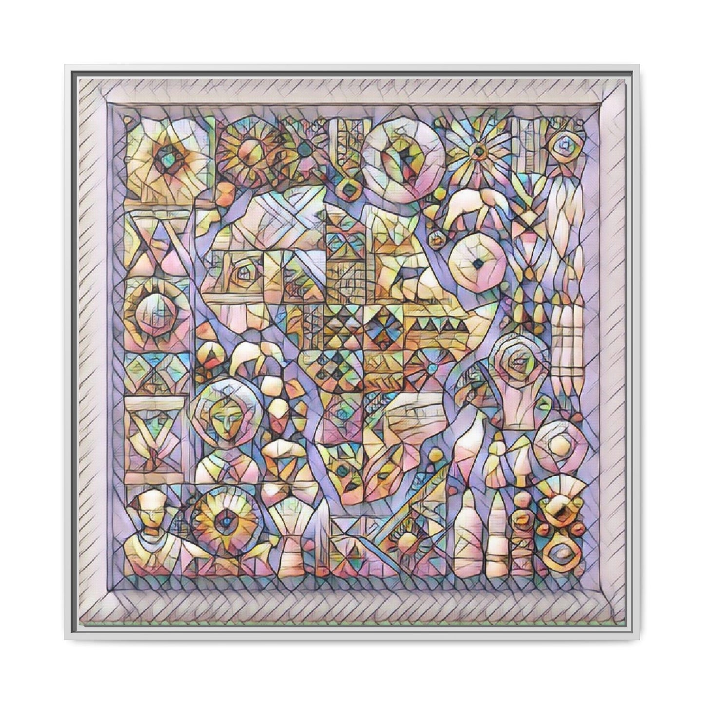 Framed Abstract Mosaic Matte Canvas Art — Pastel Geometric Wall Decor