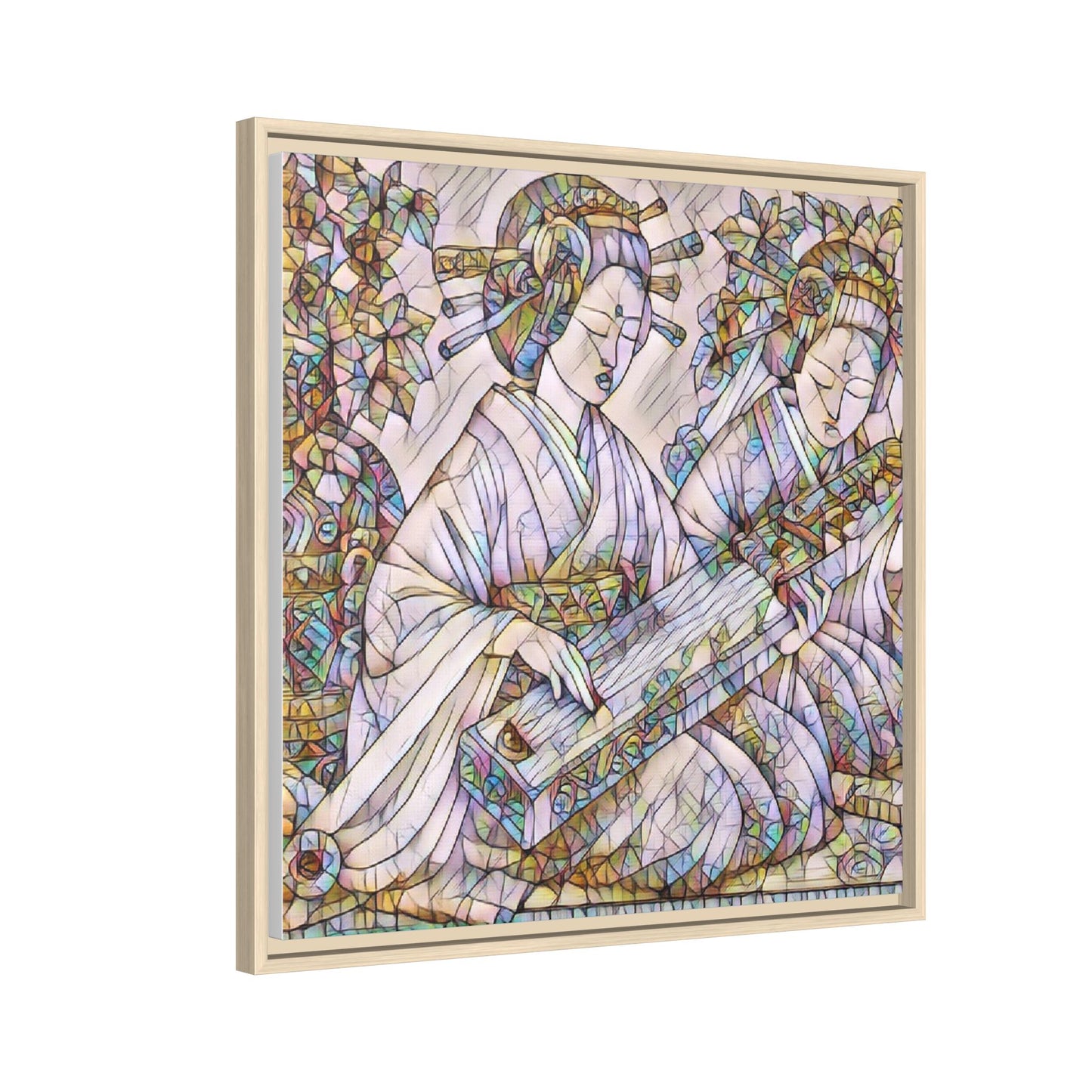 Framed Matte Canvas Print — Stained-Glass Geisha Duo