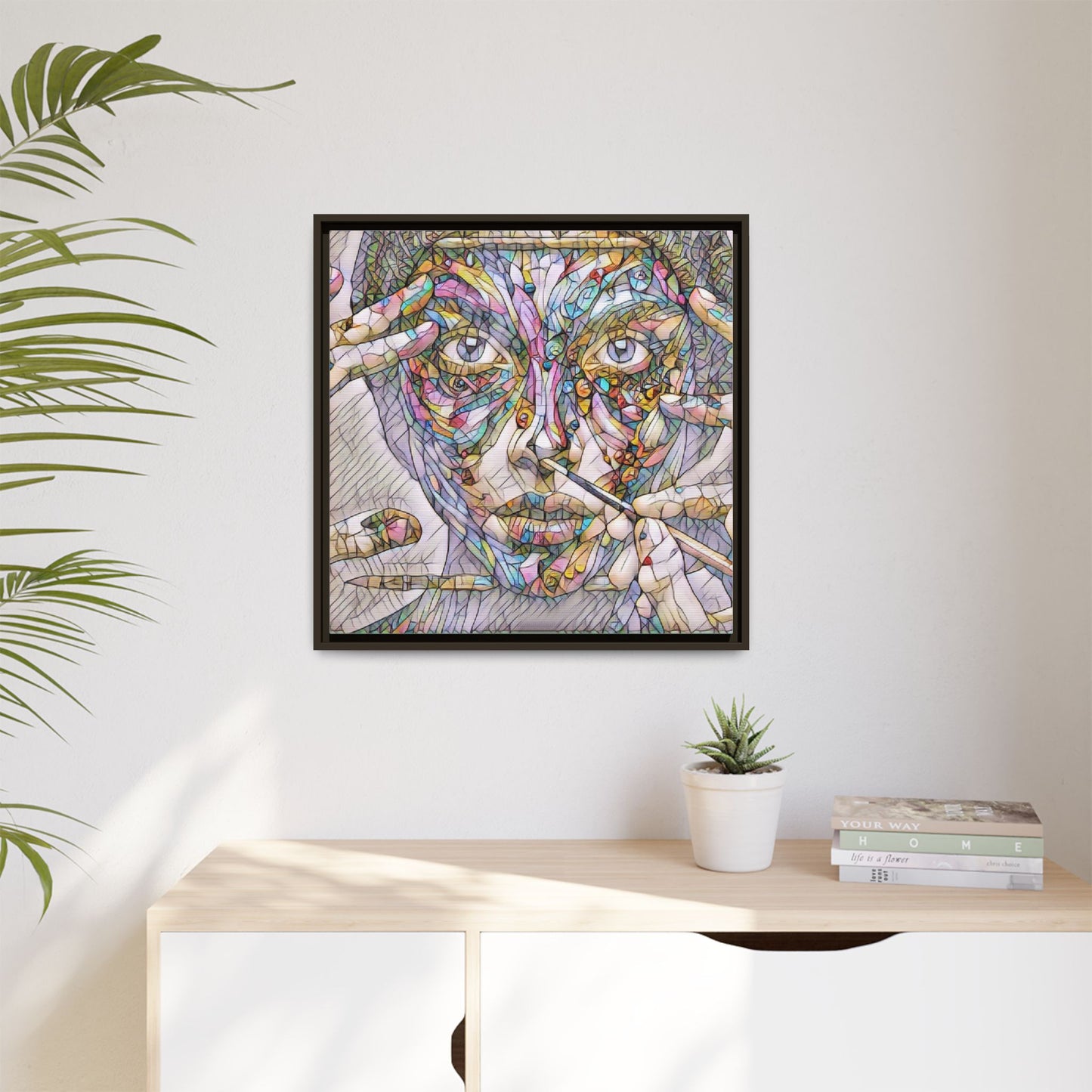 Framed Abstract Mosaic Face Canvas — Colorful Modern Wall Art