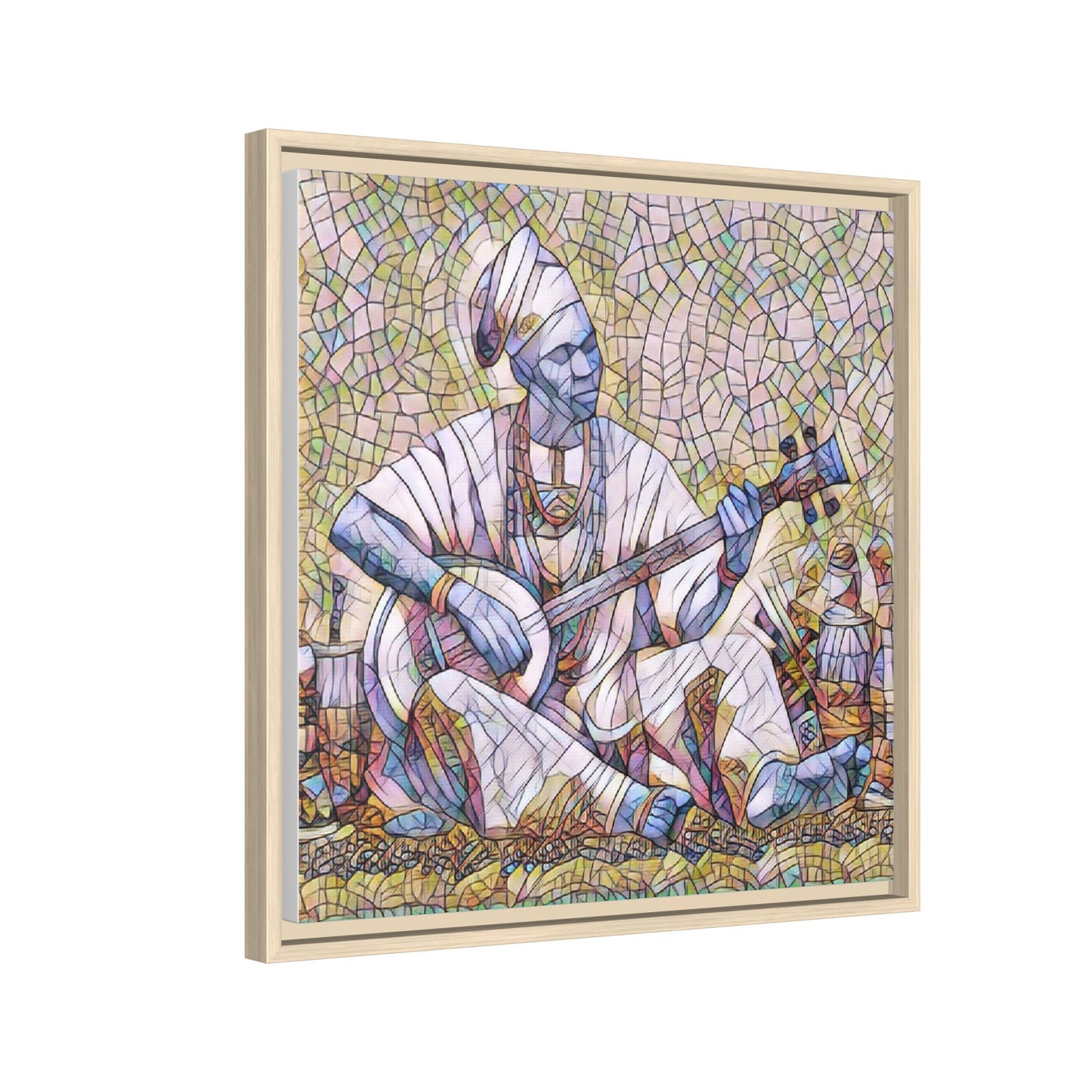 Framed Mosaic Musician Canvas Art — African Griot with Kora
