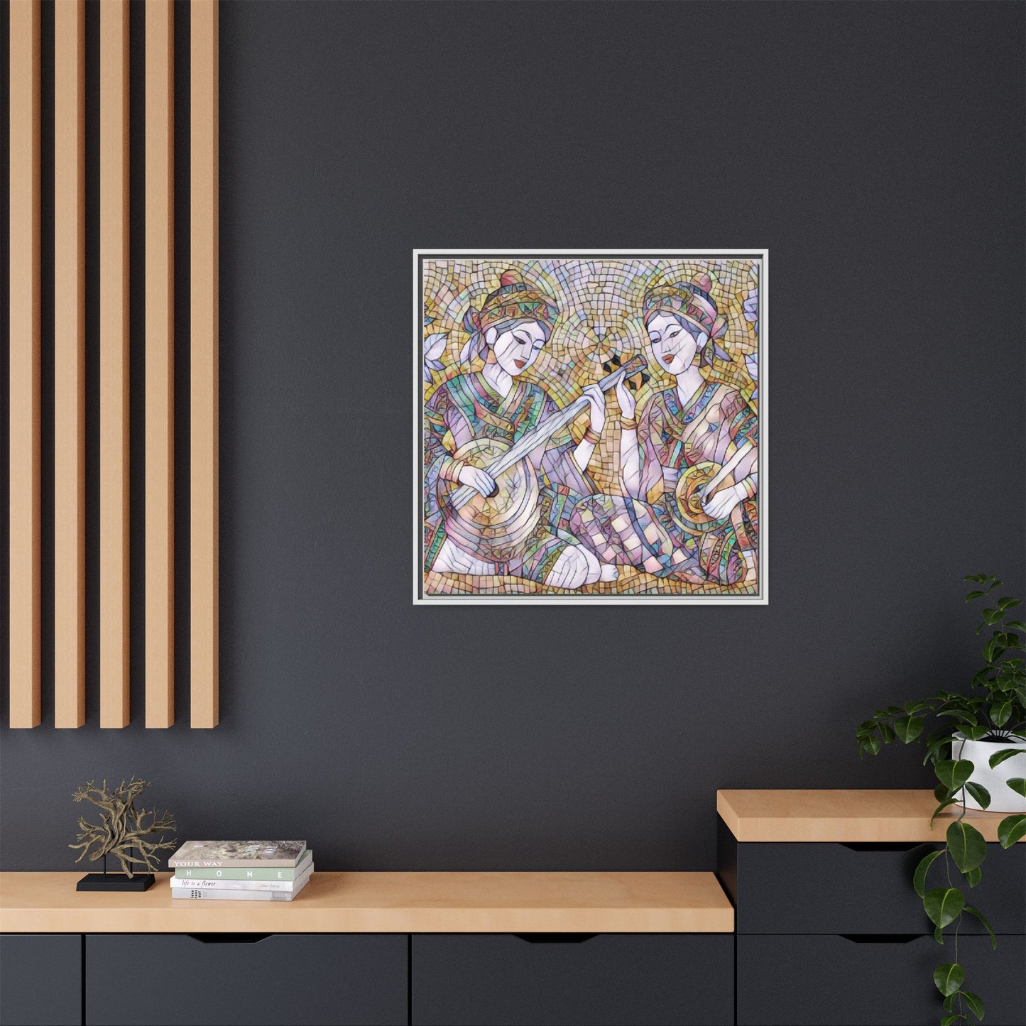 Framed Mosaic Musician Canvas Art — Ethnic Duo Wall Decor