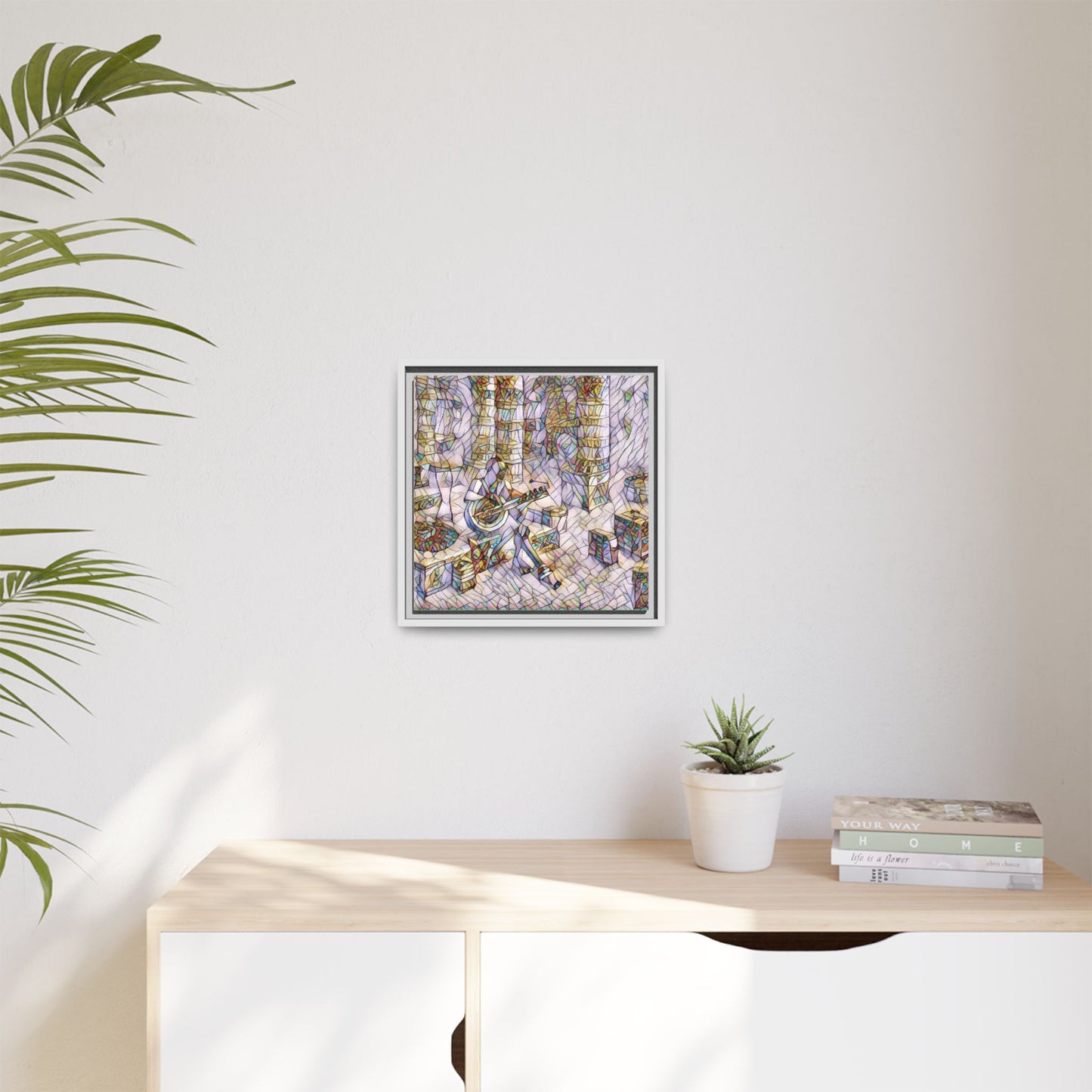 Framed Matte Canvas Art - Abstract Guitarist in Colorful Mosaic