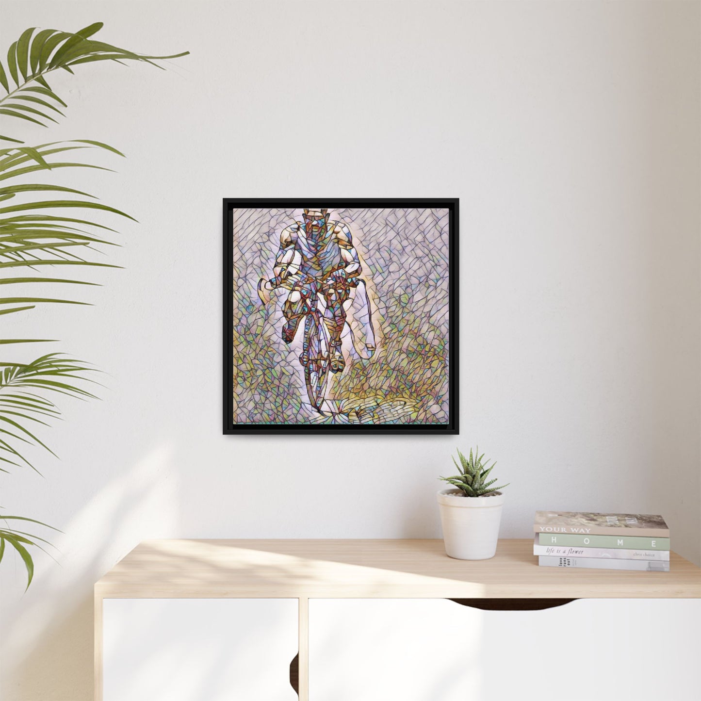 Cyclist Art Print — Framed Matte Canvas Wall Art (Multicolor Stained-Glass Style)
