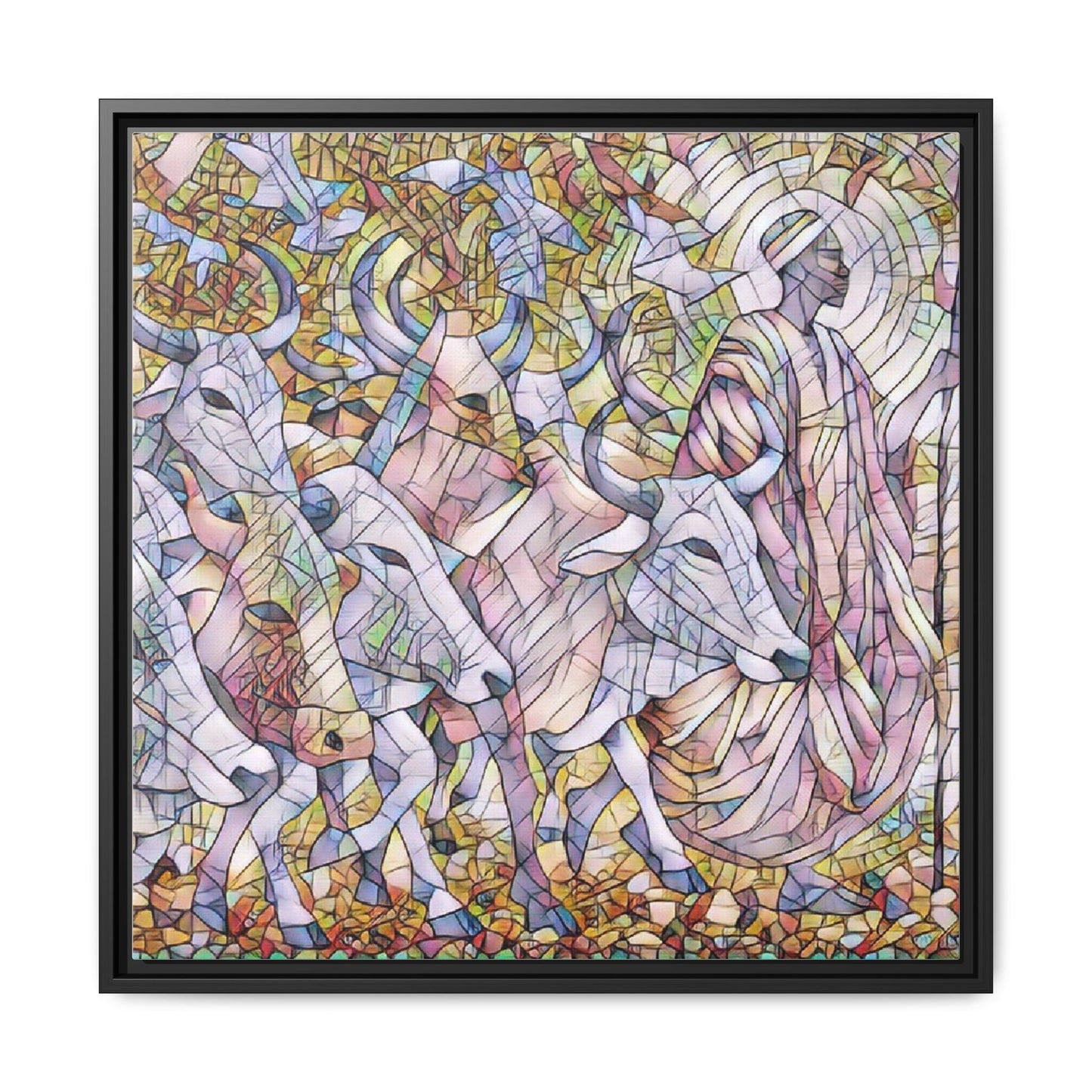 Framed Matte Canvas Art — Stained-Glass Style Cattle Herd