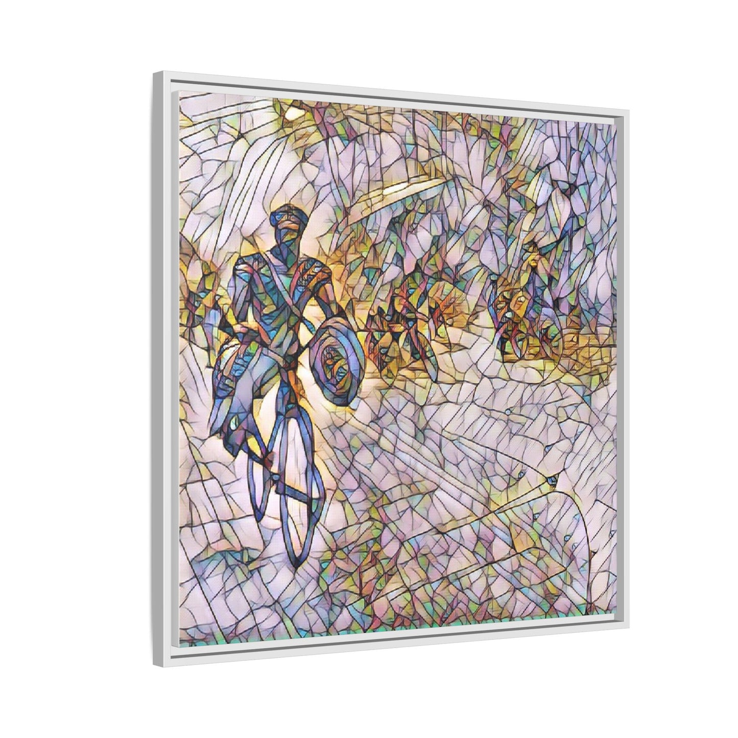 Cyclist Mosaic Matte Canvas Framed Wall Art — Colorful Biking Scene