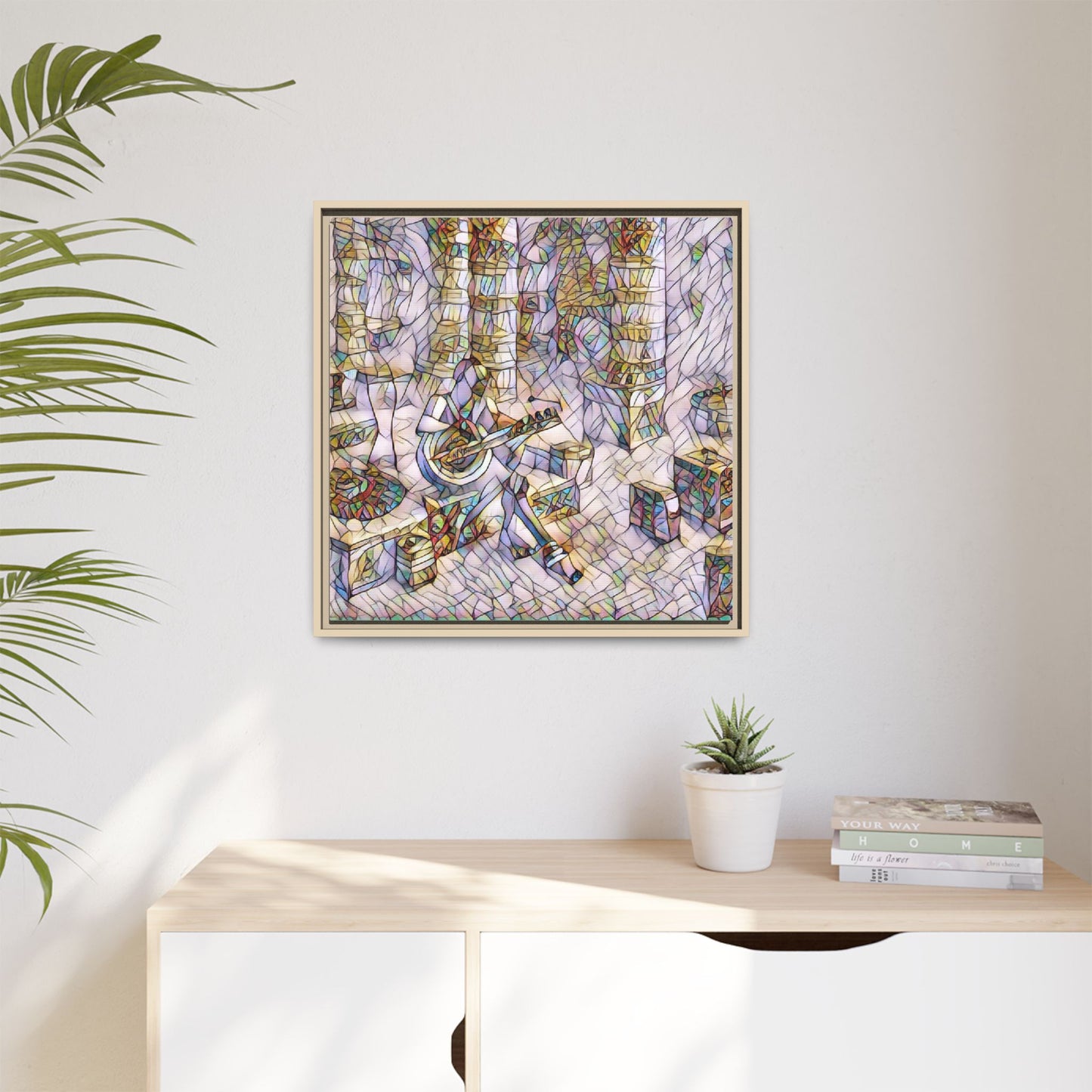 Framed Matte Canvas Art - Abstract Guitarist in Colorful Mosaic