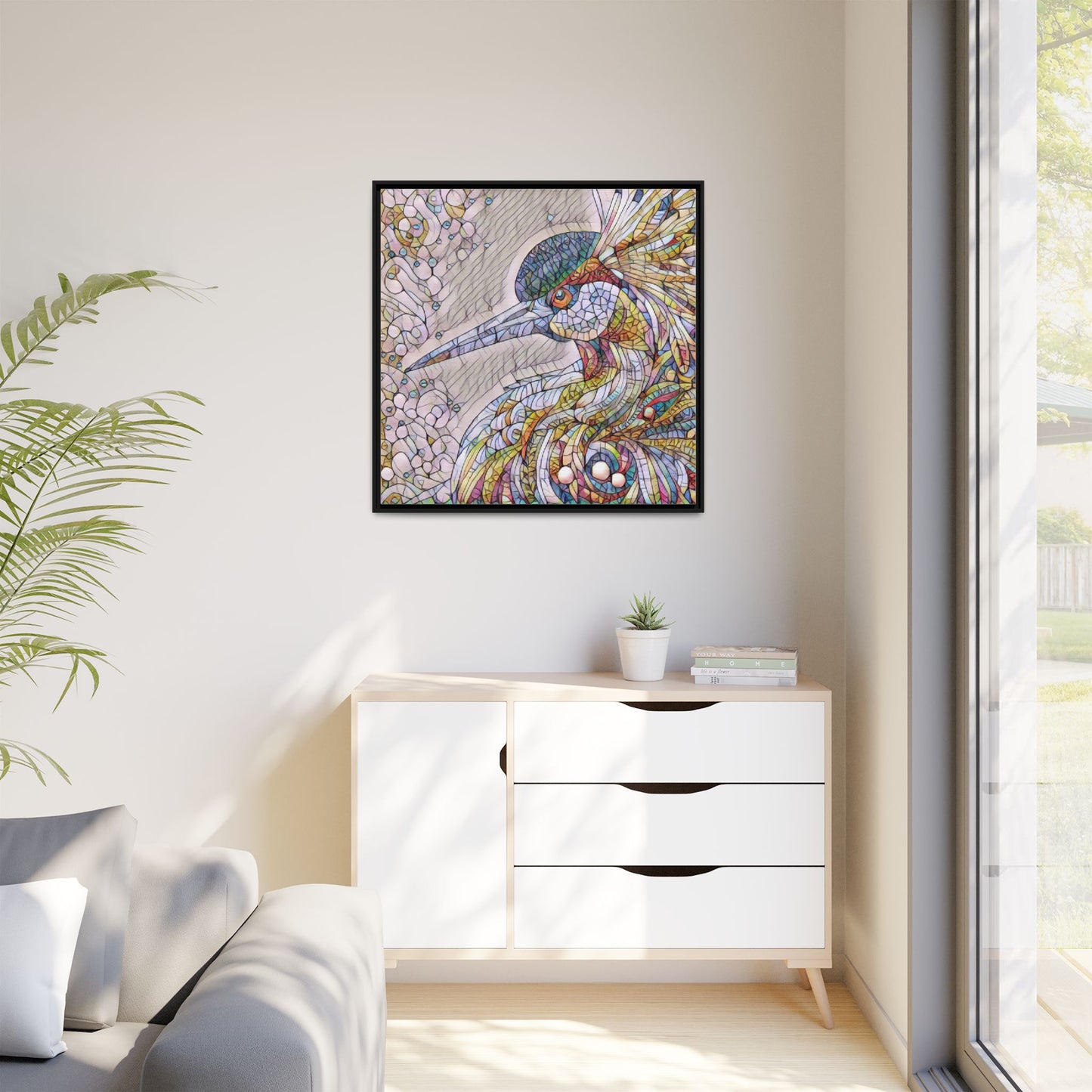 Colorful Stained-Glass Heron Matte Canvas Framed Wall Art