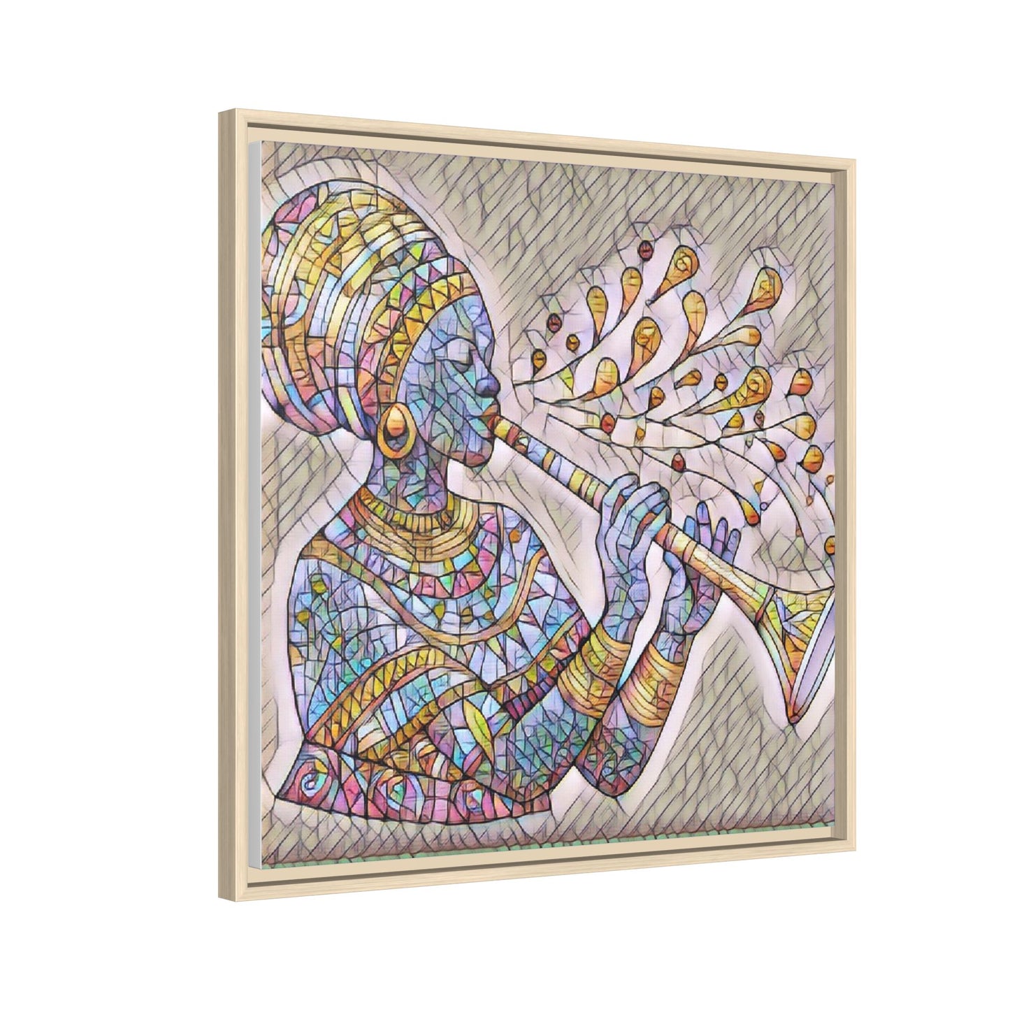 Framed Matte Canvas Art – Colorful African Musician Trumpet Print