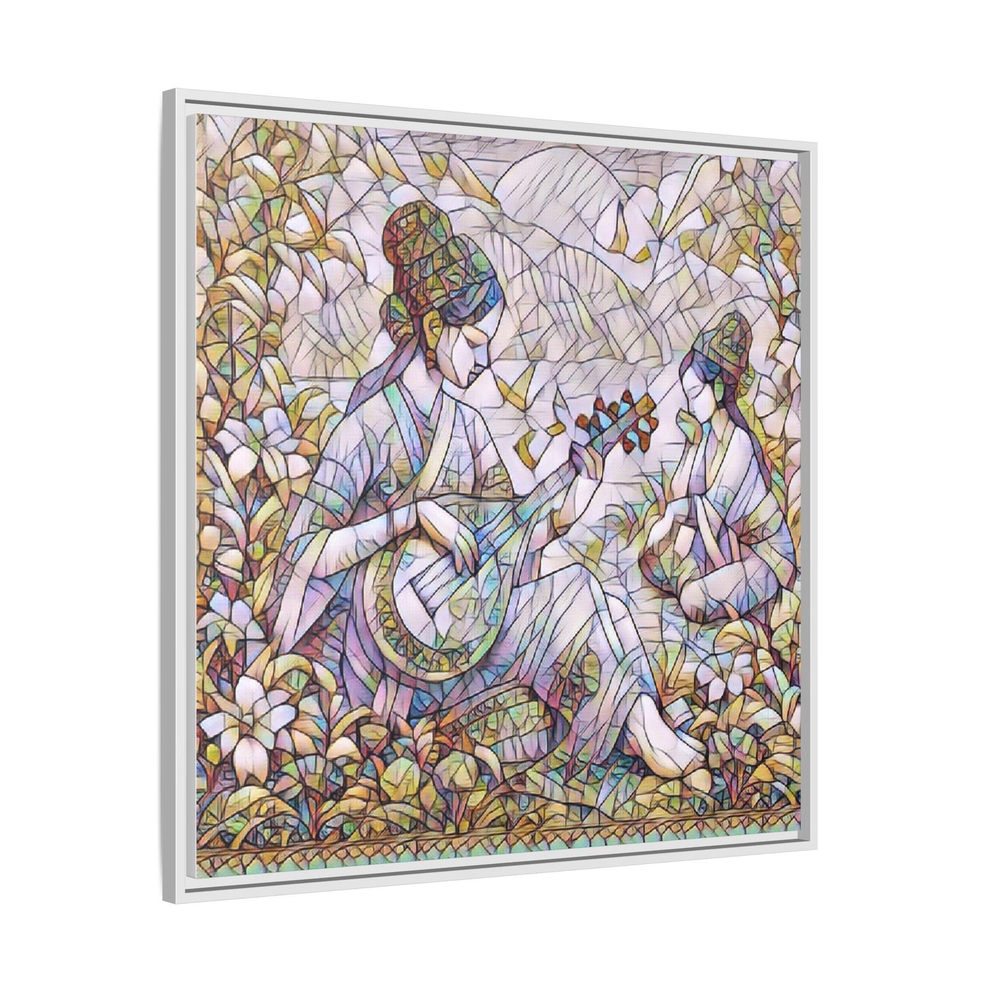Framed Matte Canvas Art - Vintage Asian Musicians Floral Illustration