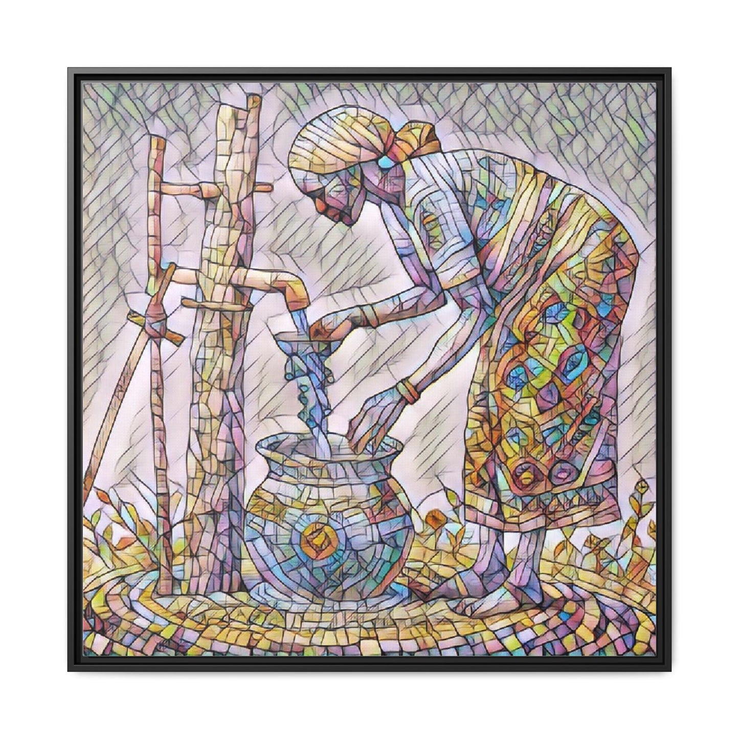 Framed Matte Canvas Art — Colorful Mosaic Woman at Well