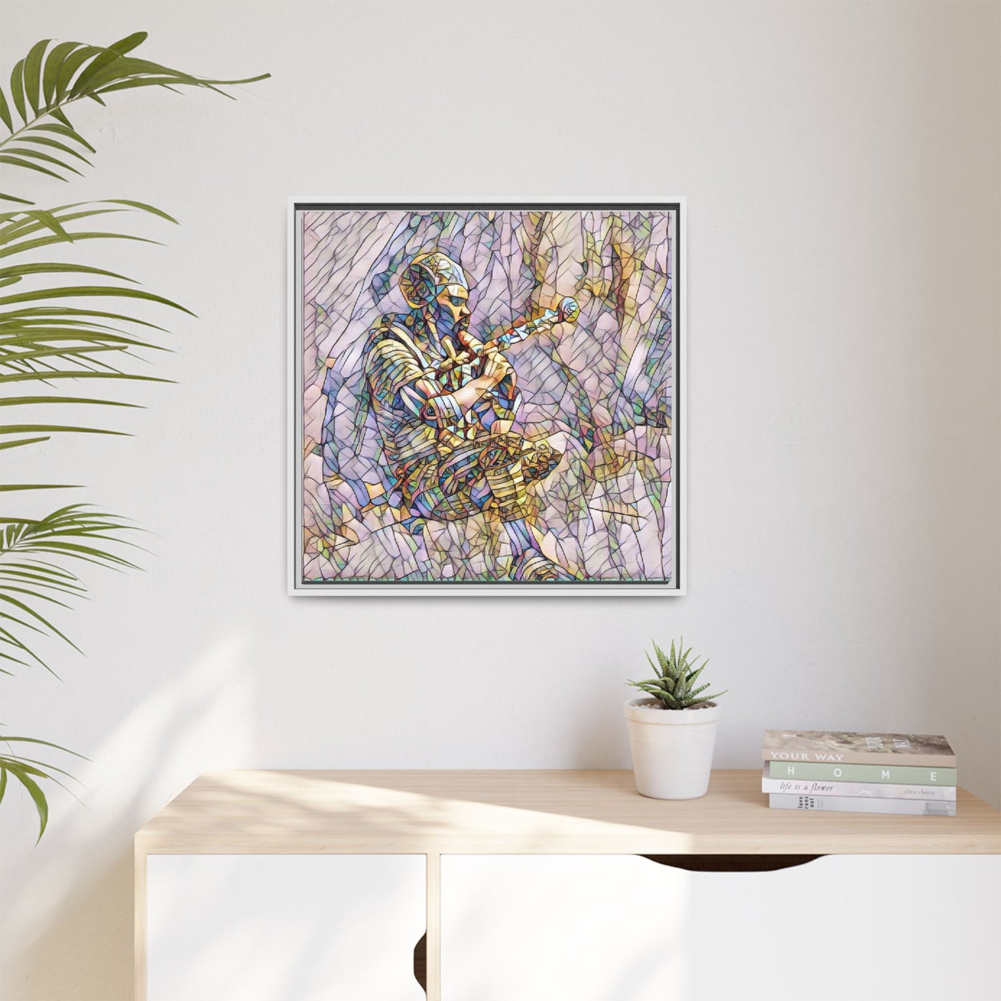 Celtic Piper Framed Matte Canvas — Stained-Glass Style Highland Bagpiper Art