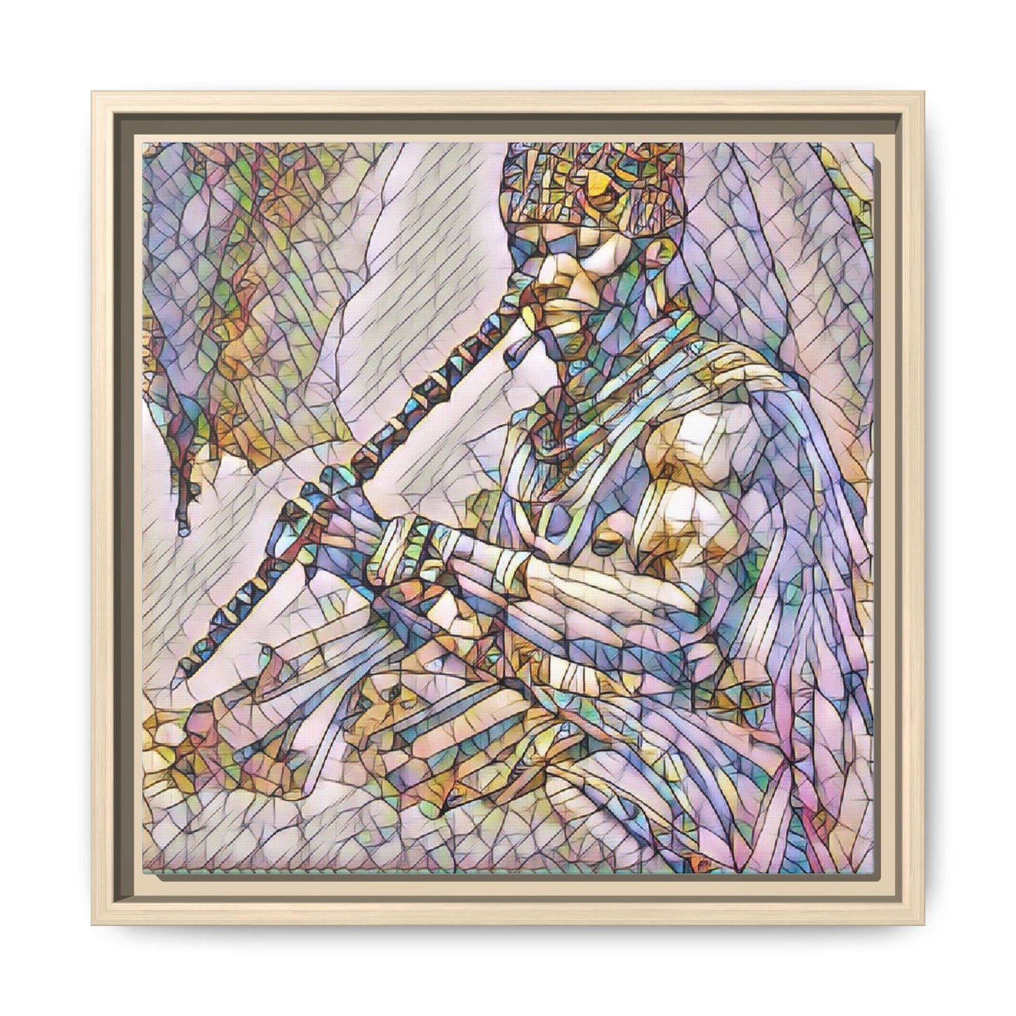 Tribal Flute Musician Stained-Glass Framed Canvas Art