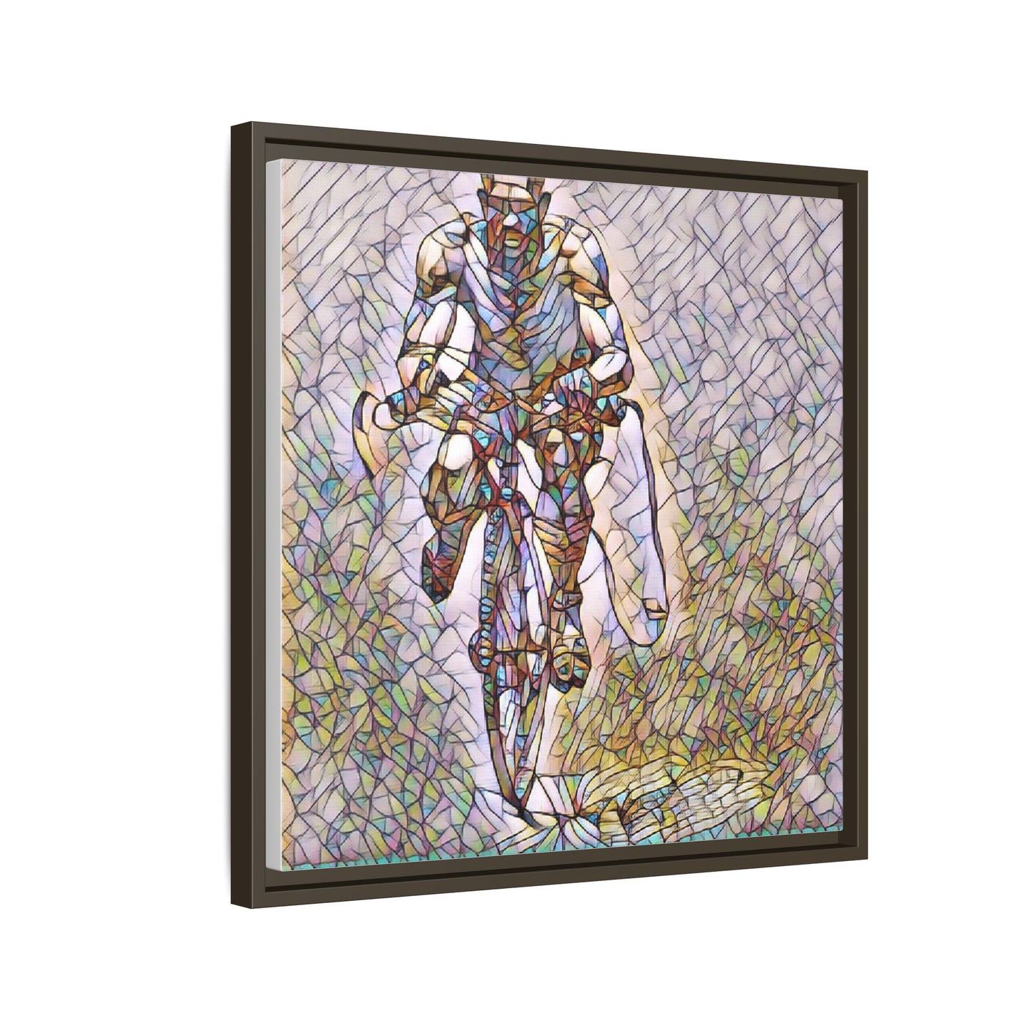 Cyclist Art Print — Framed Matte Canvas Wall Art (Multicolor Stained-Glass Style)