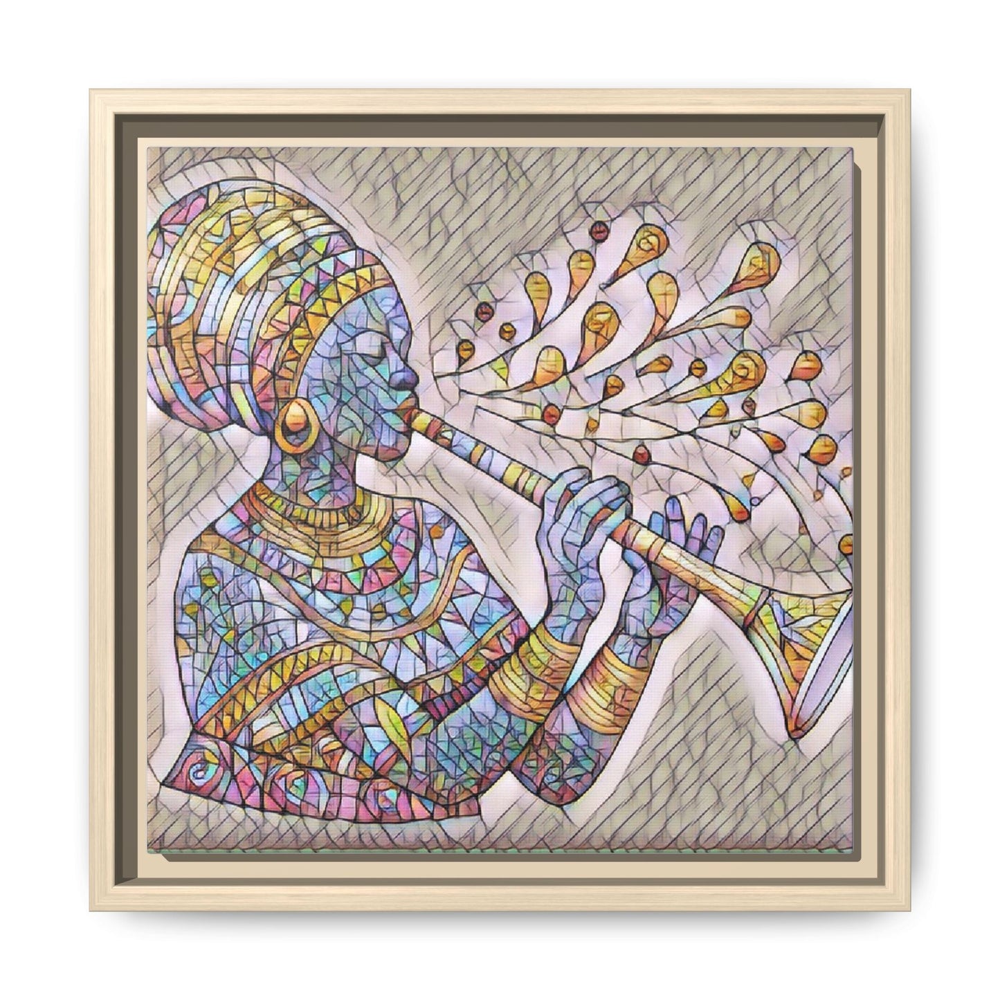 Framed Matte Canvas Art – Colorful African Musician Trumpet Print