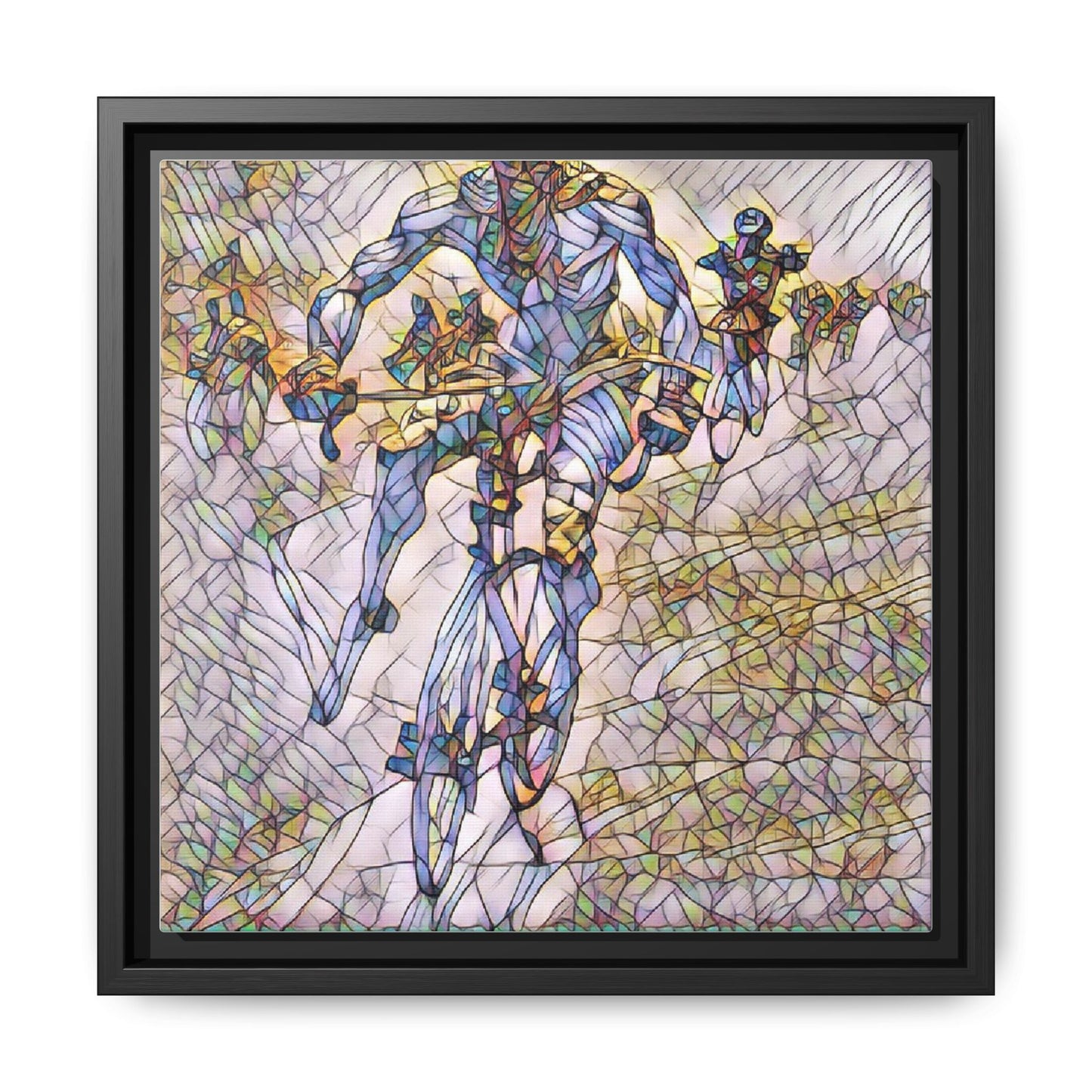 Abstract Cyclist Matte Canvas Framed Art — Colorful Stained-Glass Bike Print