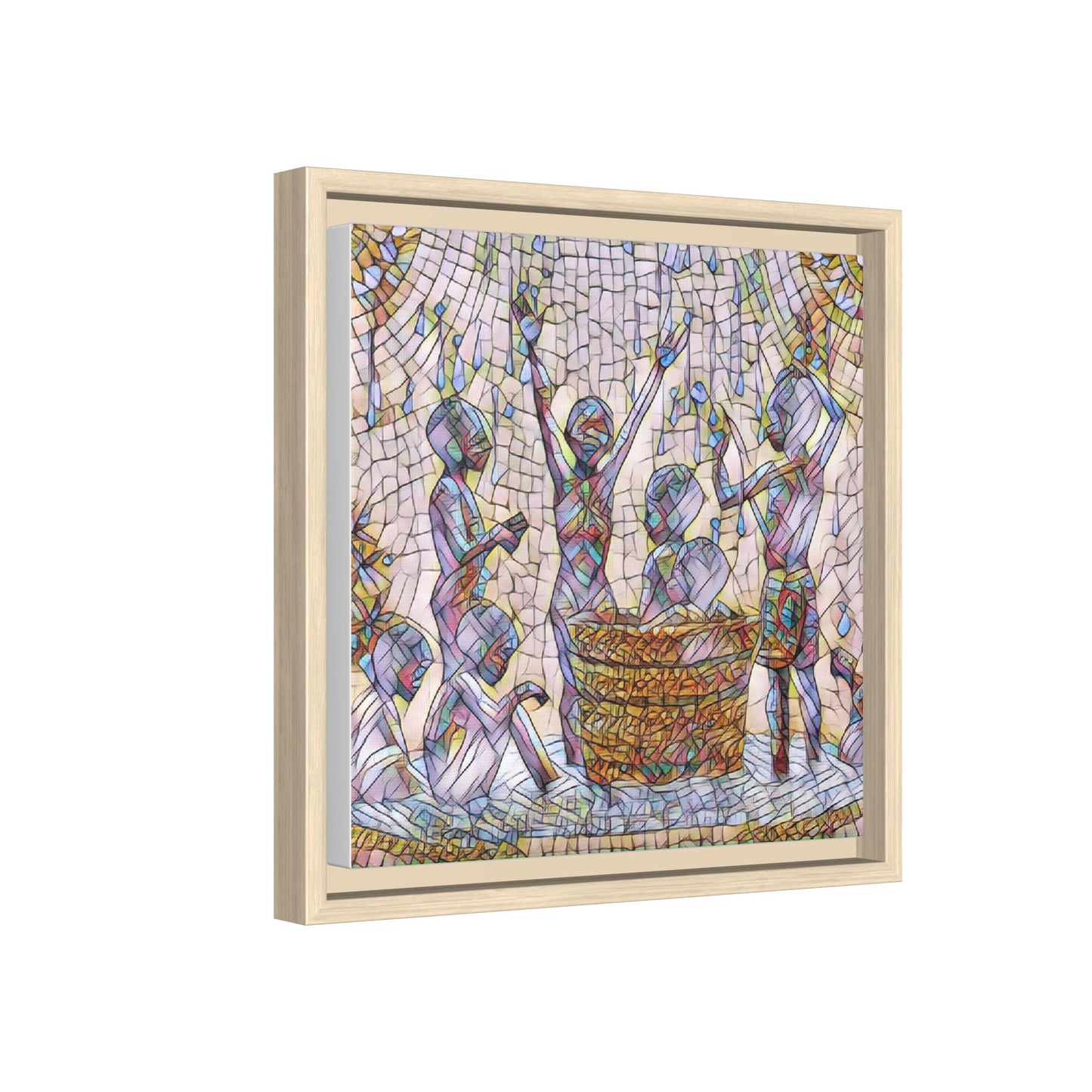 Framed Matte Canvas Art — Children Playing Mosaic Illustration