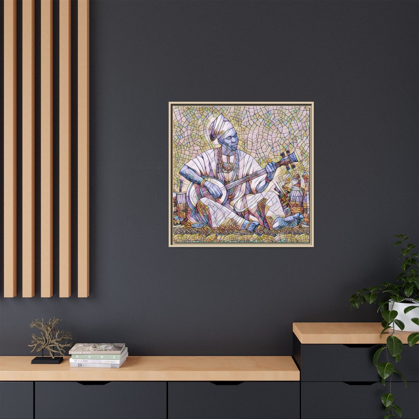 Framed Mosaic Musician Canvas Art — African Griot with Kora