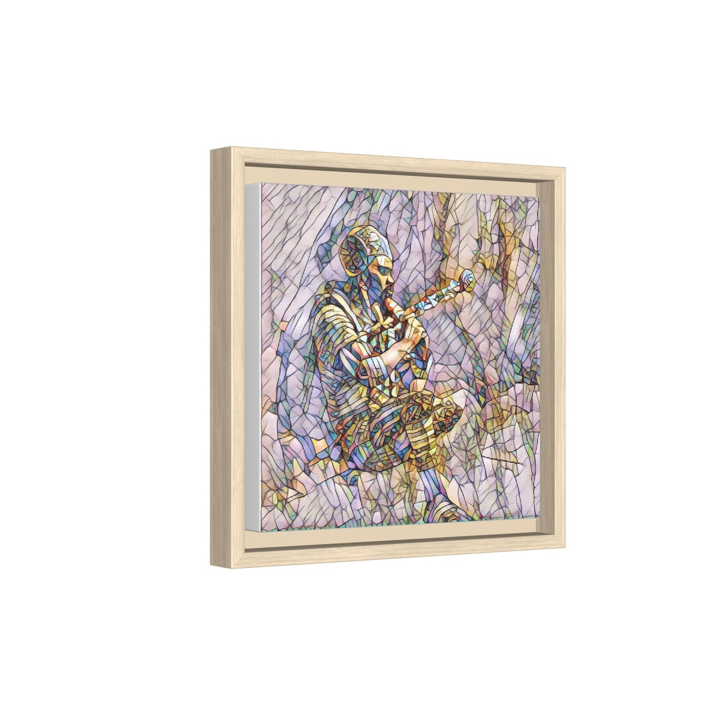 Celtic Piper Framed Matte Canvas — Stained-Glass Style Highland Bagpiper Art