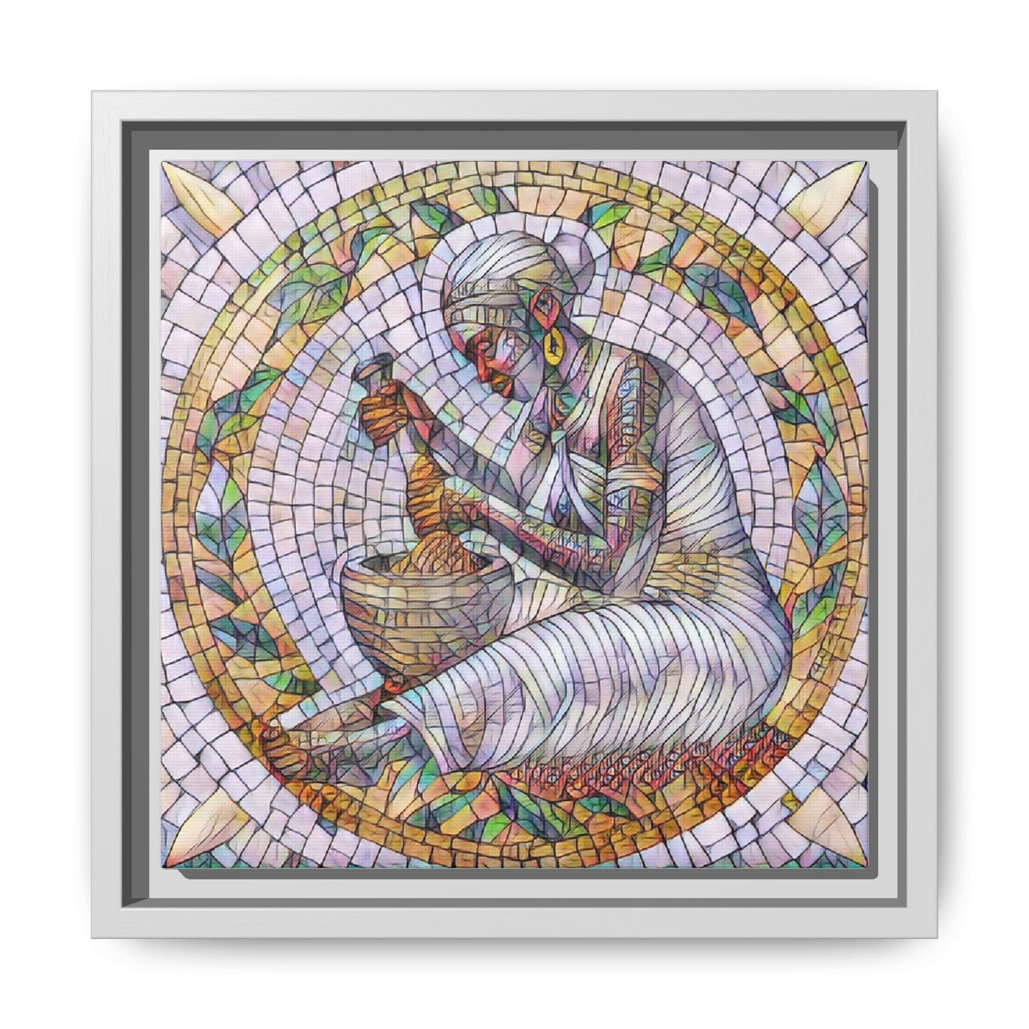 Framed Mosaic Art Print — Woman Grinding Grain (Matte Canvas)