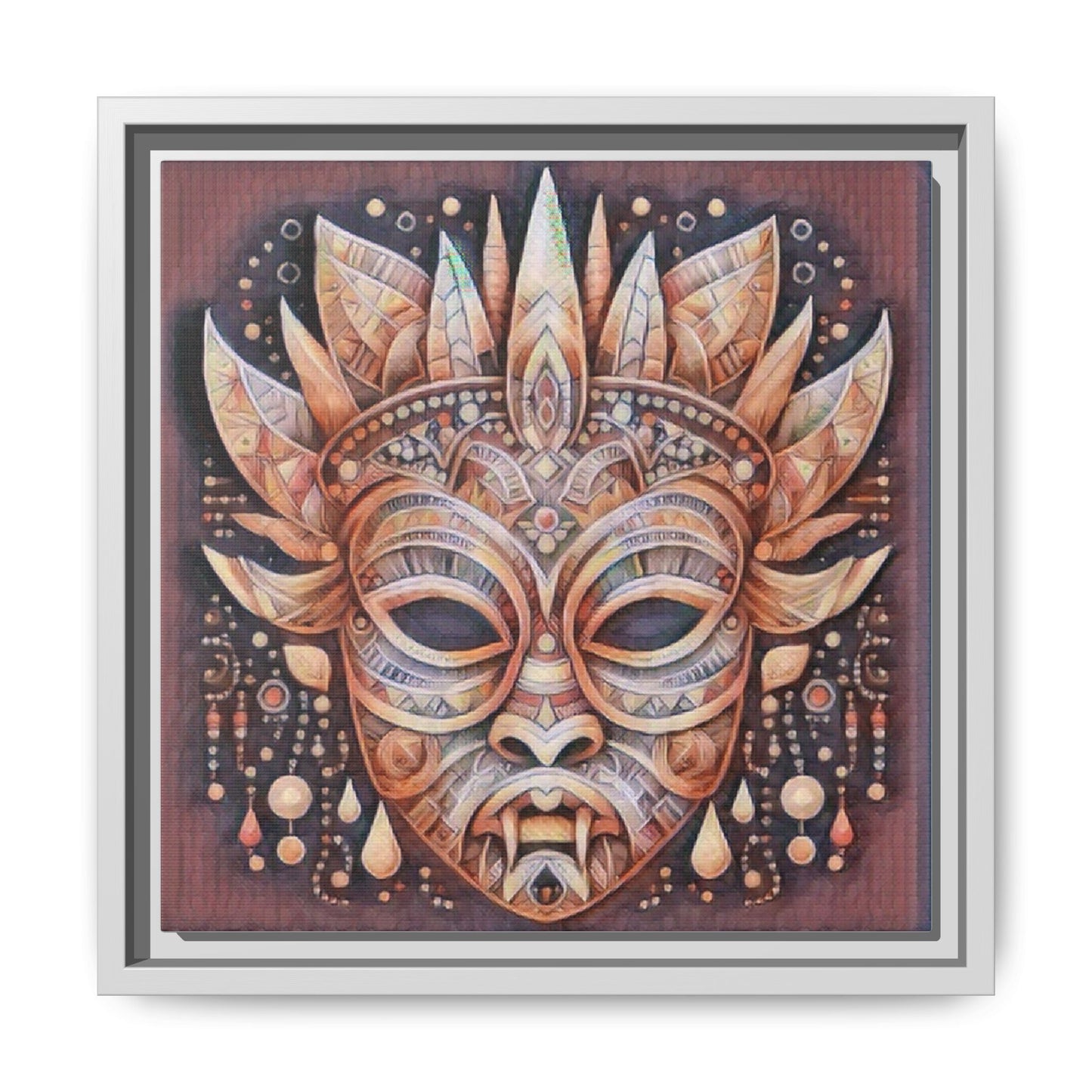 Tribal Sun Mask Framed Canvas Art — Boho Ethnic Wall Decor