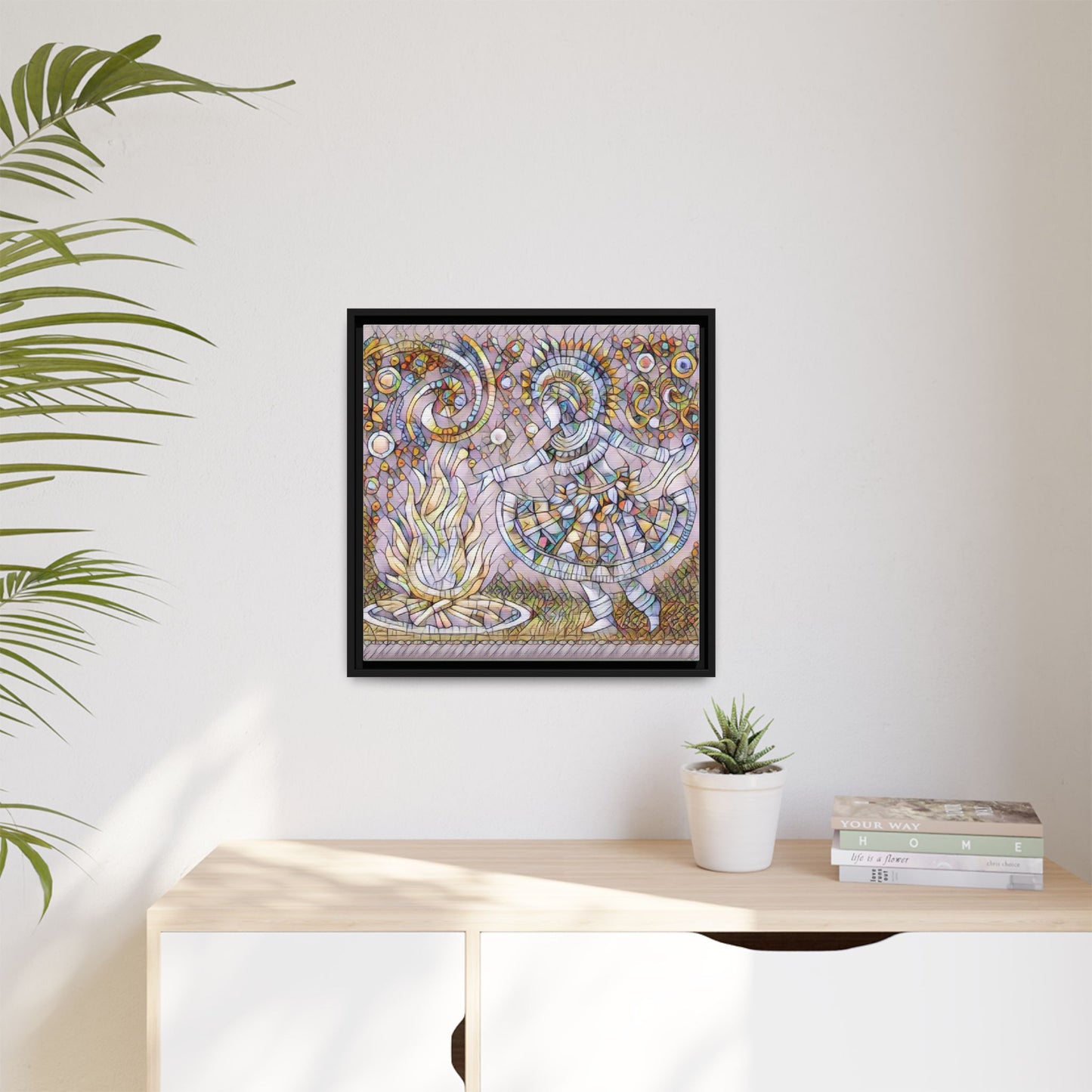 Bohemian Fire Dancer Framed Canvas Art — Colorful Folk Mosaic Wall Decor