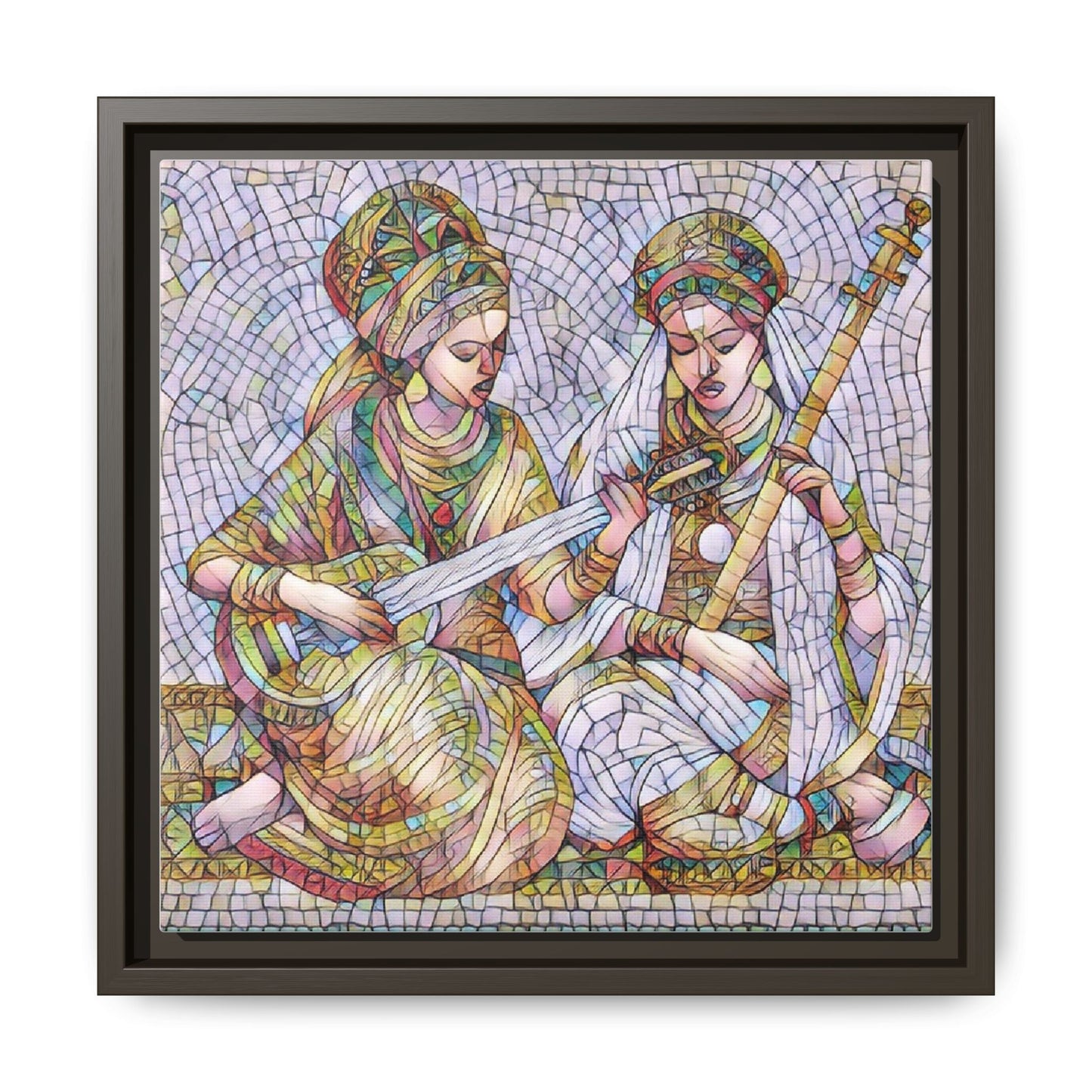 Framed Mosaic Art Print — Two Women Playing Lutes (Matte Canvas)
