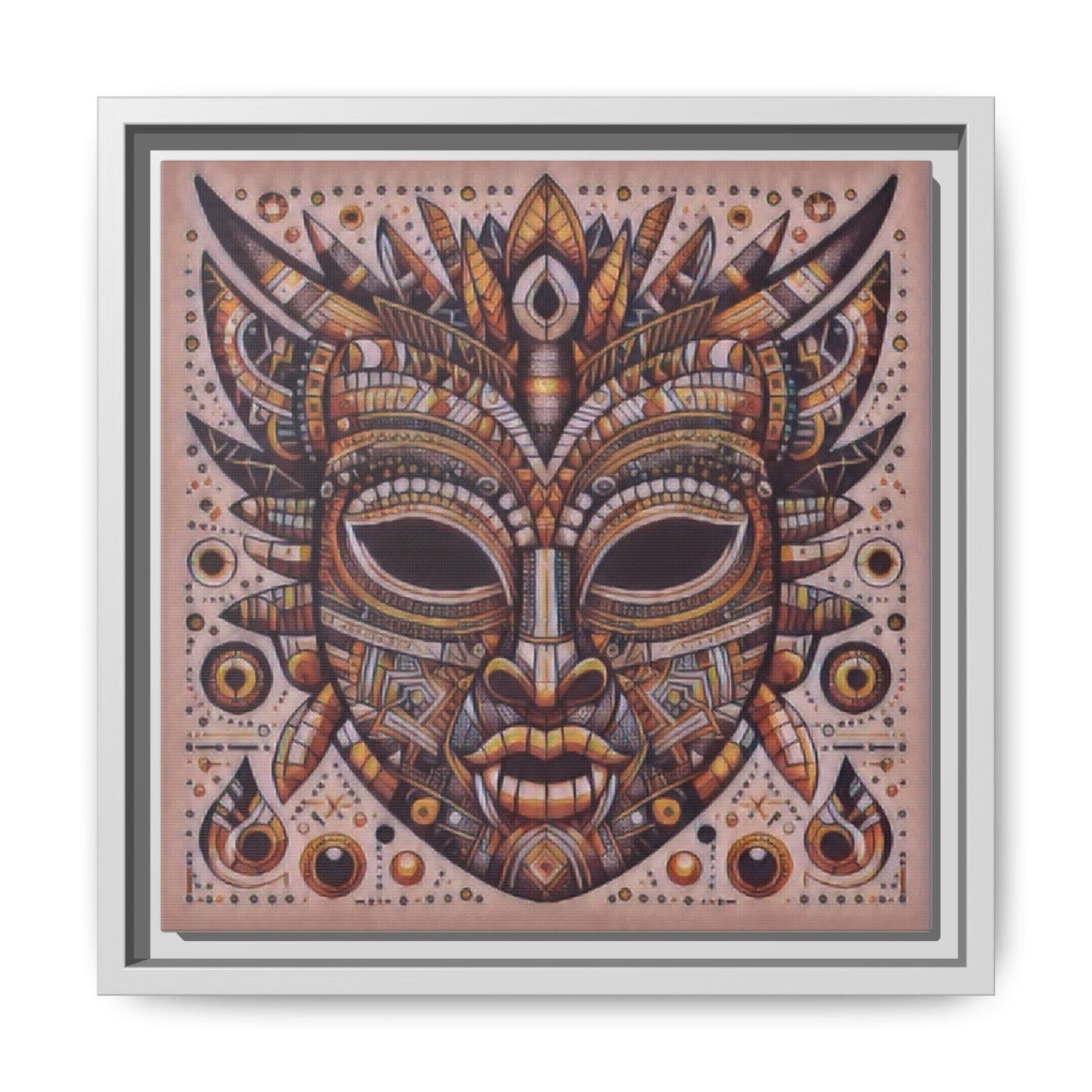Tribal Mask Framed Canvas Art — Multicolor Matte Wall Decor