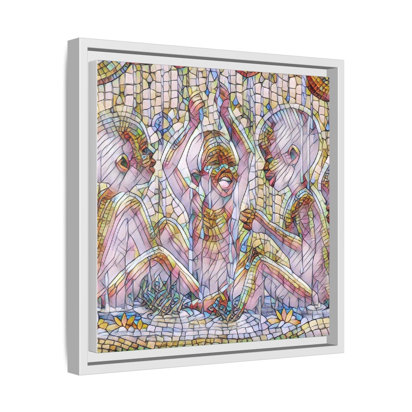 Framed Matte Canvas Art — Mosaic Children Playing (Multicolor)