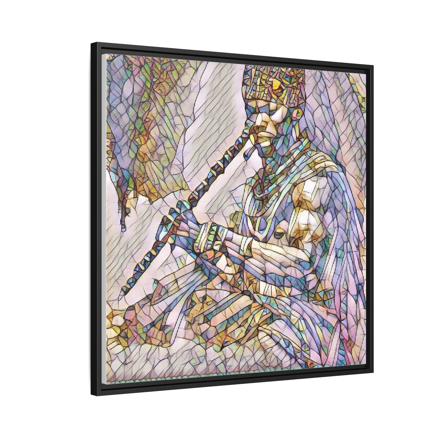 Tribal Flute Musician Stained-Glass Framed Canvas Art